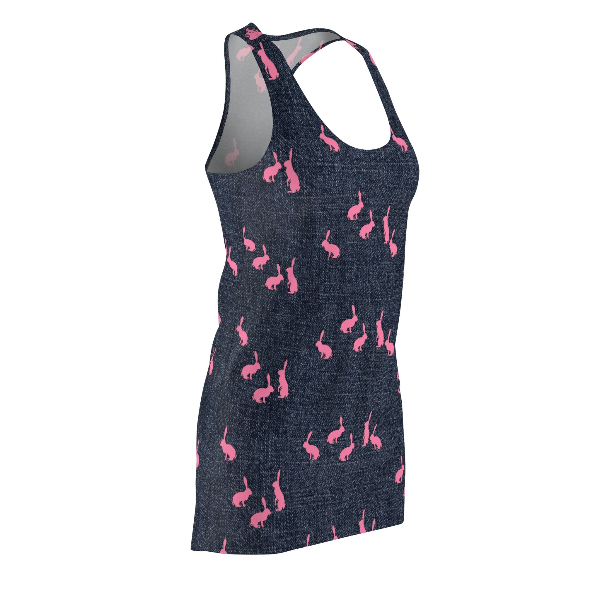 Fabled Fashion Pink Rabbits on Denim effect  Women's Cut & Sew Racerback Dress (AOP)