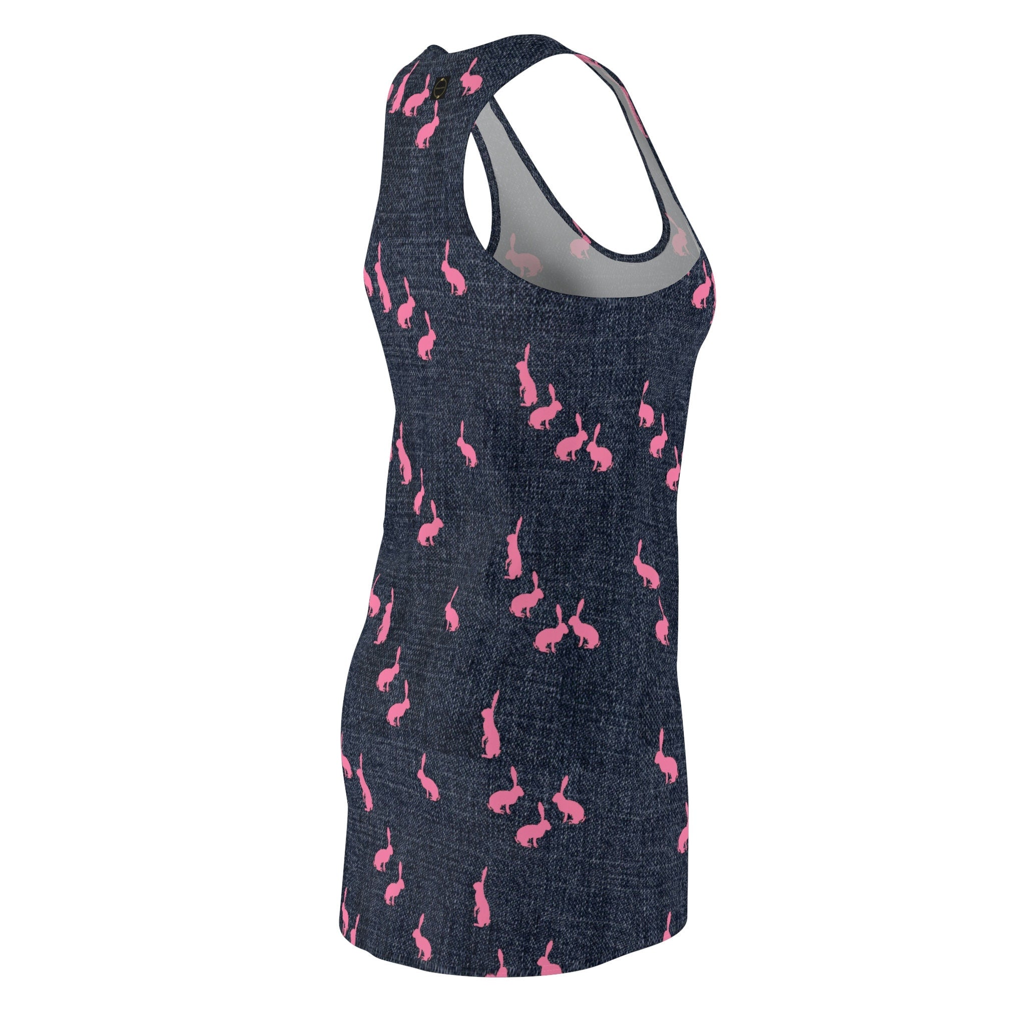 Fabled Fashion Pink Rabbits on Denim effect  Women's Cut & Sew Racerback Dress (AOP)