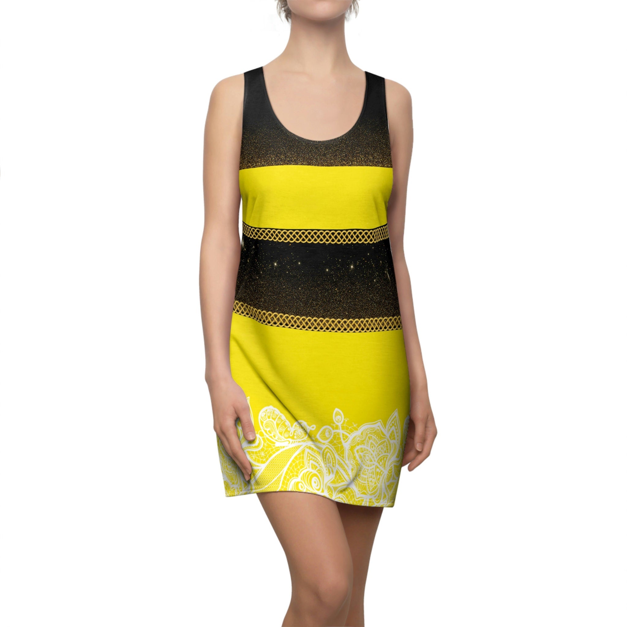 Fabled Fashion Cosmic Bee Fur Celtic Knot Women's Cut & Sew Racerback Dress (AOP) BeeWear!