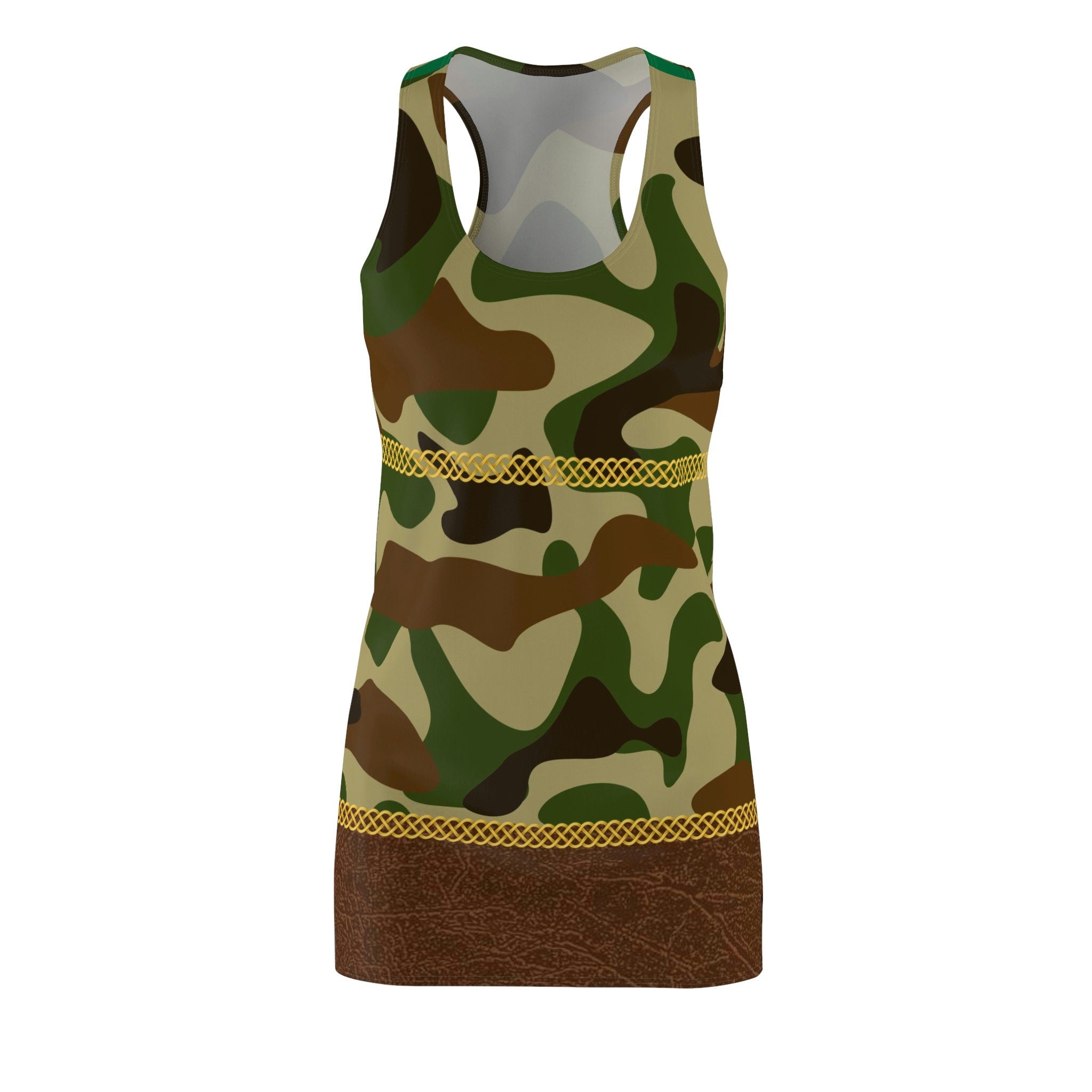 Fabled Fashion Camo and faux leather effect Celtic Knot belt Women's Cut & Sew Racerback Dress (AOP)
