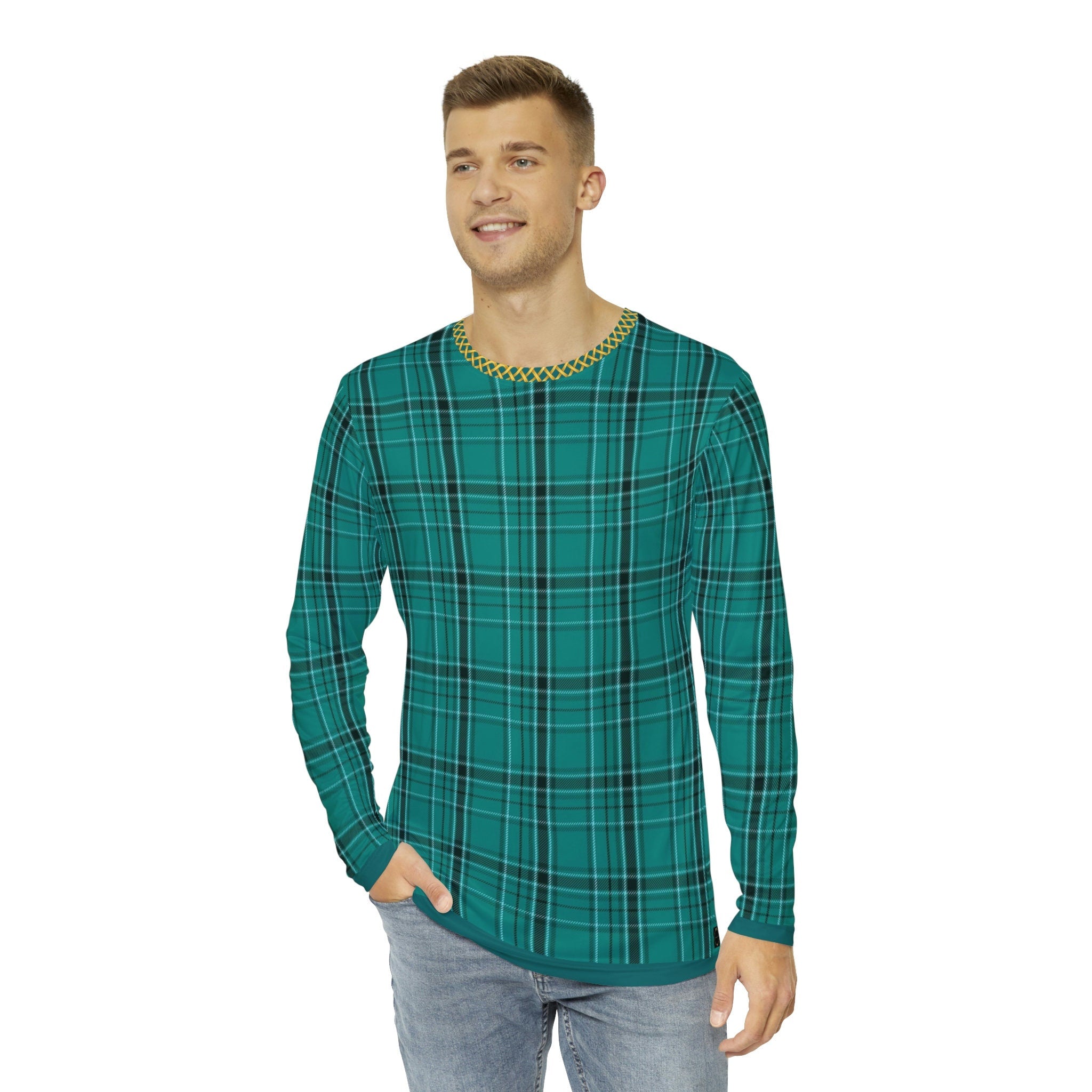 Fabled Fashion Men's Long Sleeve Verdigris plaid pattern AOP Shirt