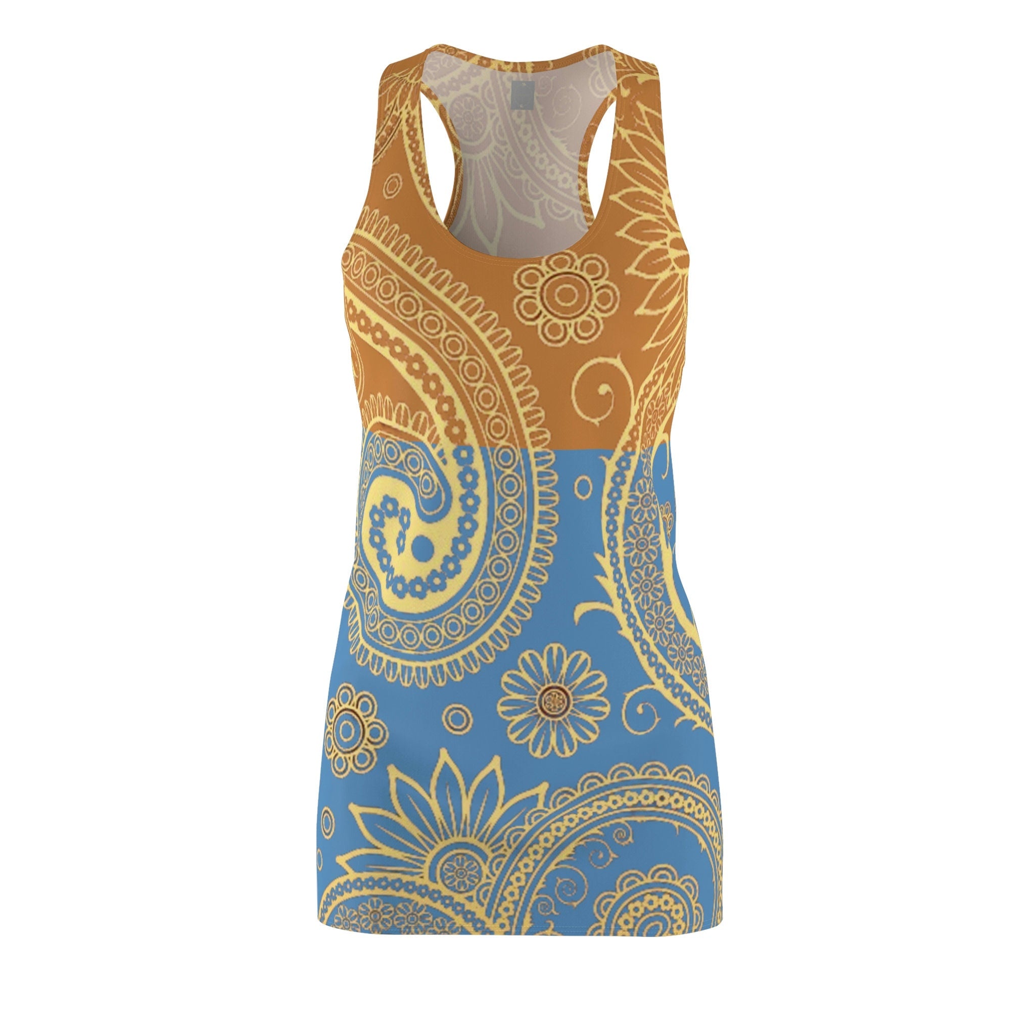 Fabled Fashion Tranquil Blue and Sundial Paisley effect Women's Cut & Sew Racerback Dress (AOP)