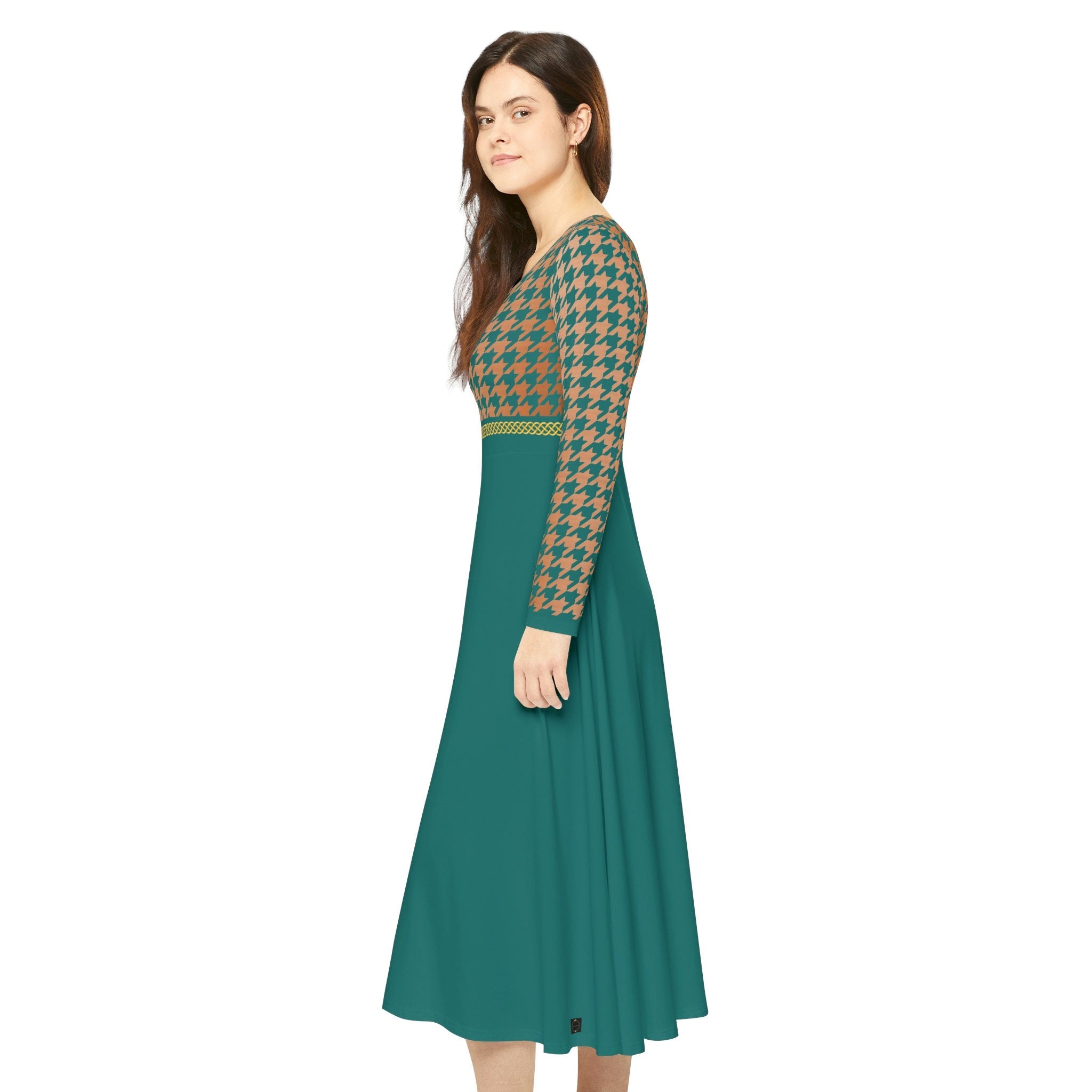 Fabled Fashion Verdigris/Copper houndstooth and Celtic knot Women's Long Sleeve Dance Dress (AOP)