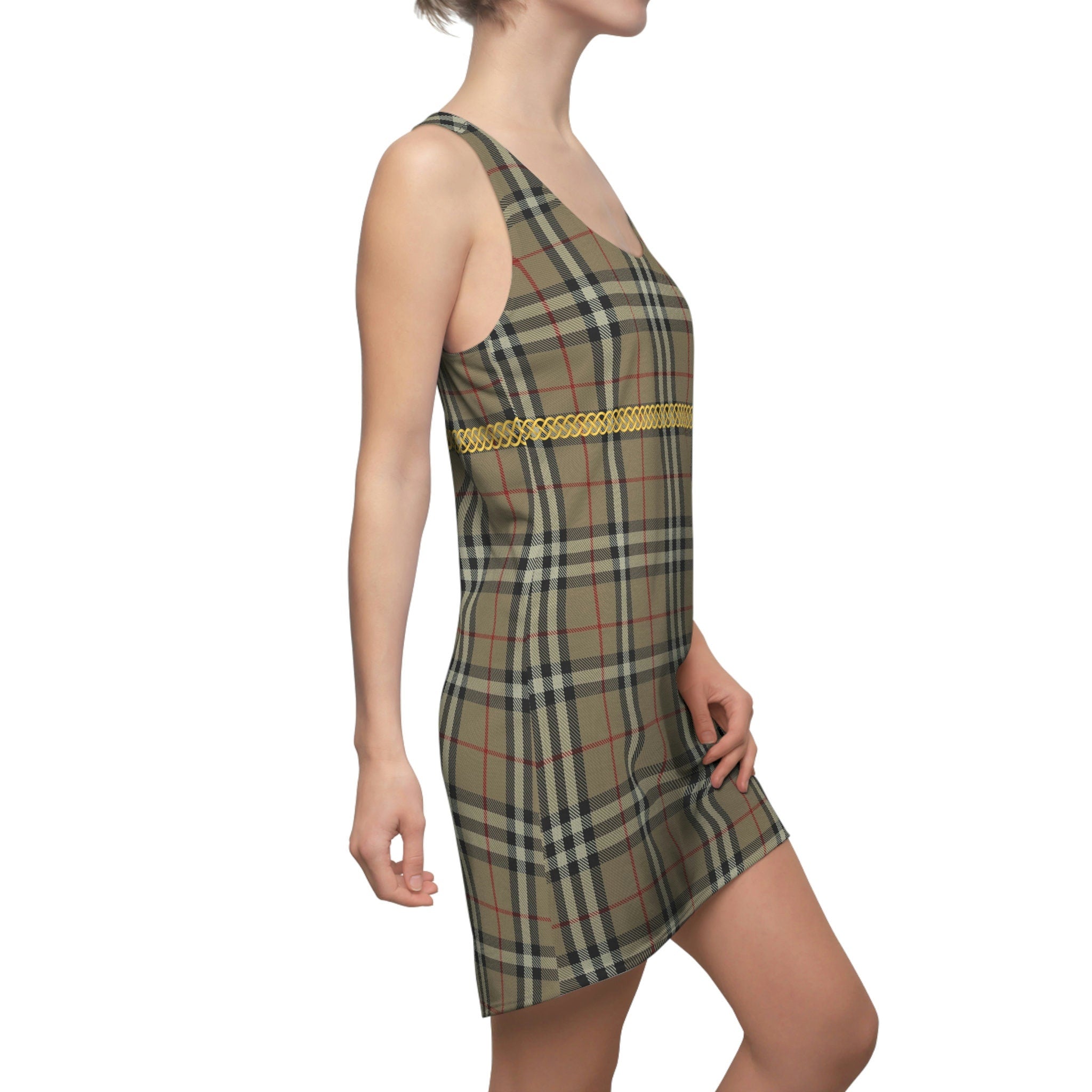 Fabled Fashion Beige Plaid Celtic Knot effect Women's Cut & Sew Racerback Dress (AOP)