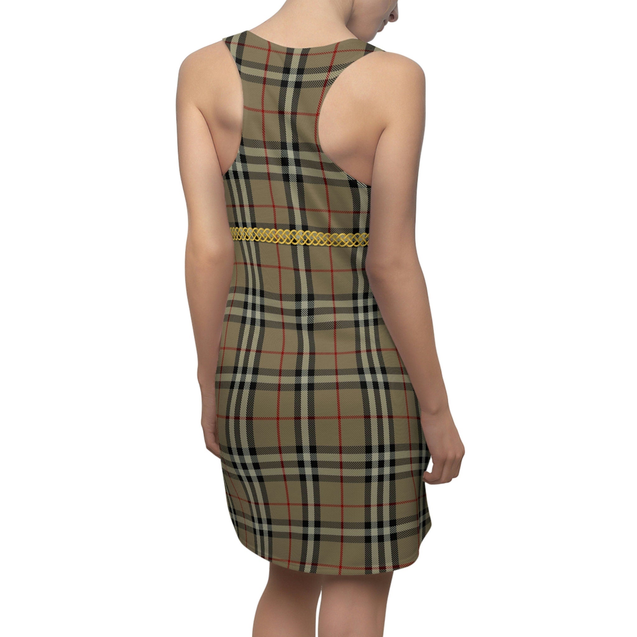 Fabled Fashion Beige Plaid Celtic Knot effect Women's Cut & Sew Racerback Dress (AOP)