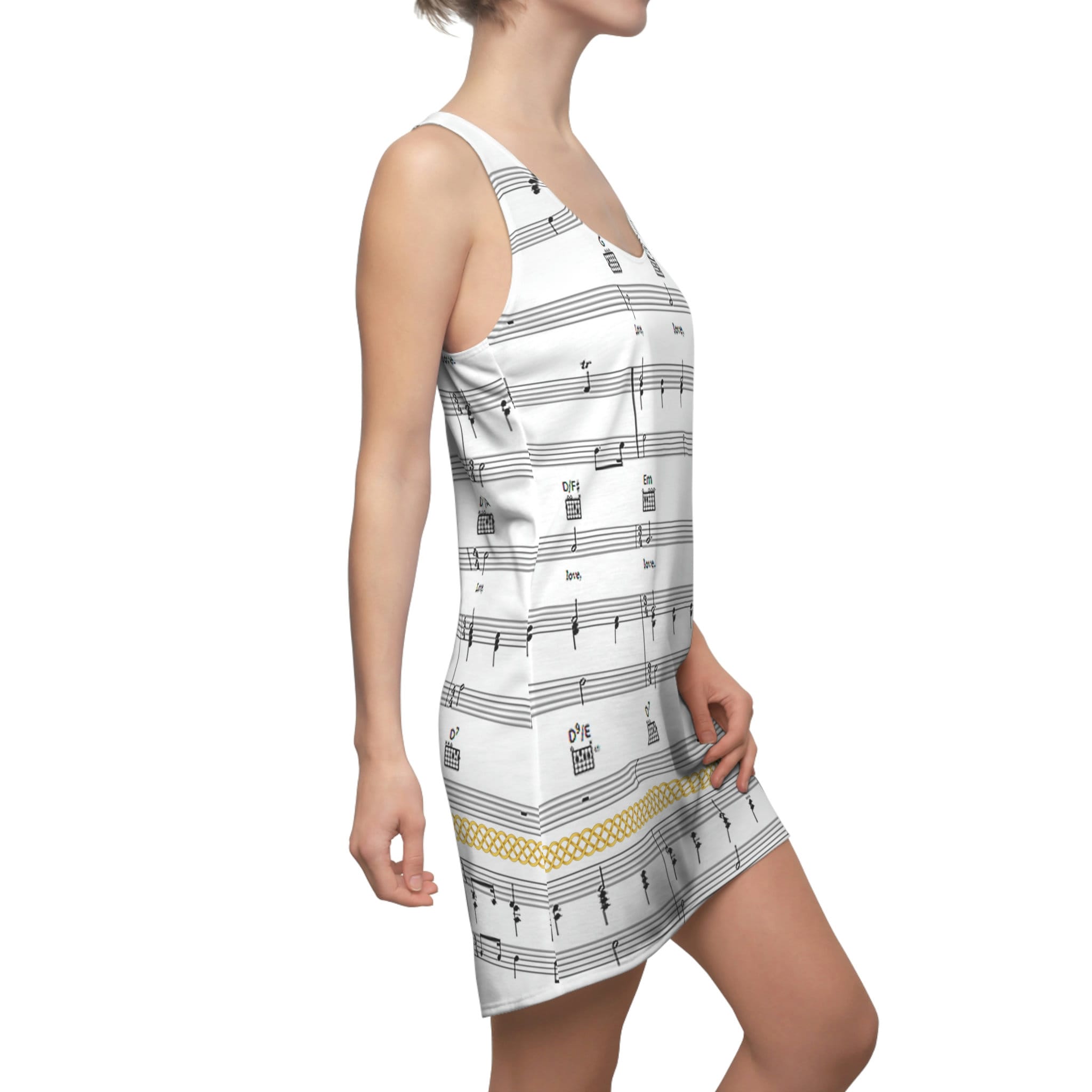 Fabled Fashion Musical stave pattern / All You need is love Celtic Knot effect Women's Cut & Sew Racerback Dress (AOP)