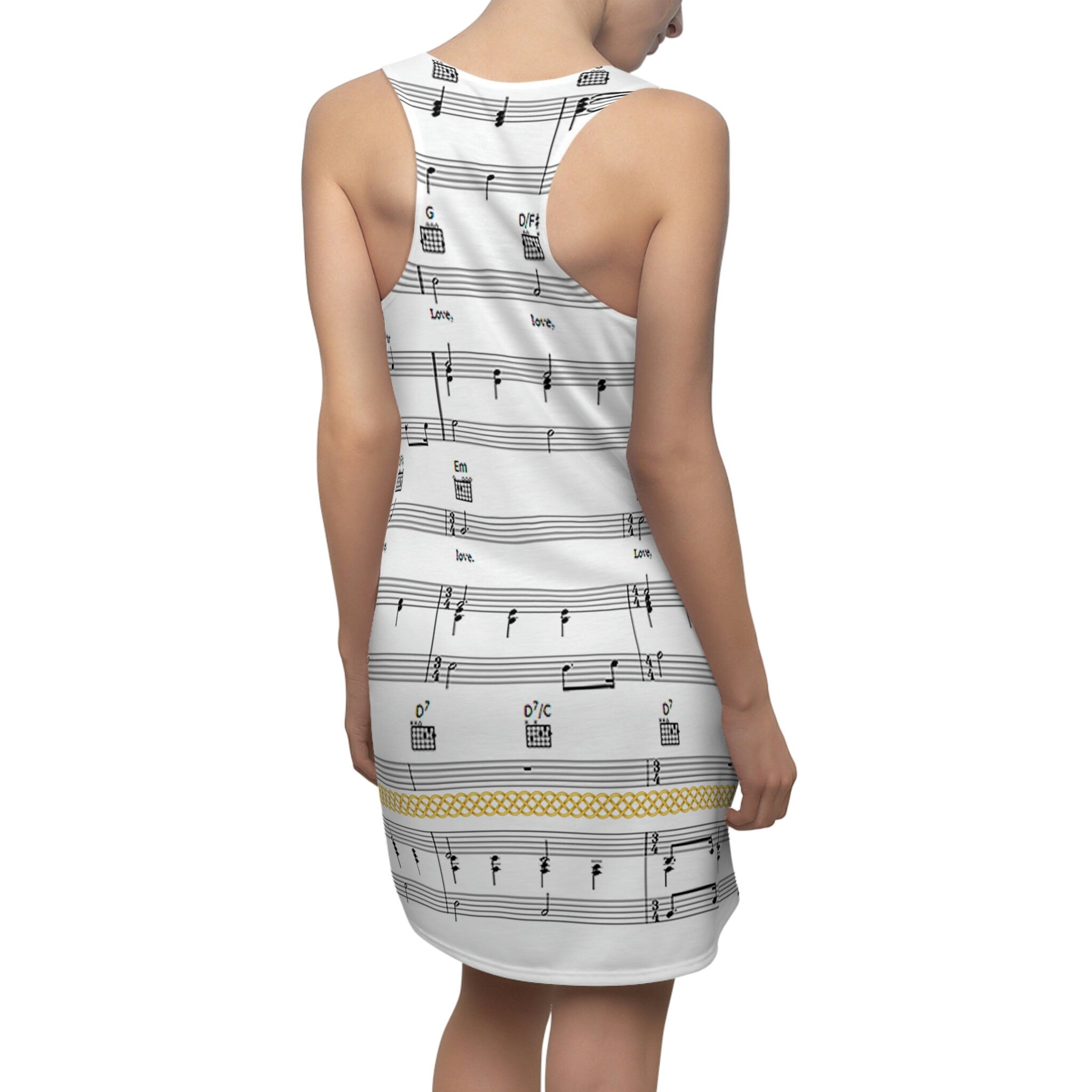 Fabled Fashion Musical stave pattern / All You need is love Celtic Knot effect Women's Cut & Sew Racerback Dress (AOP)