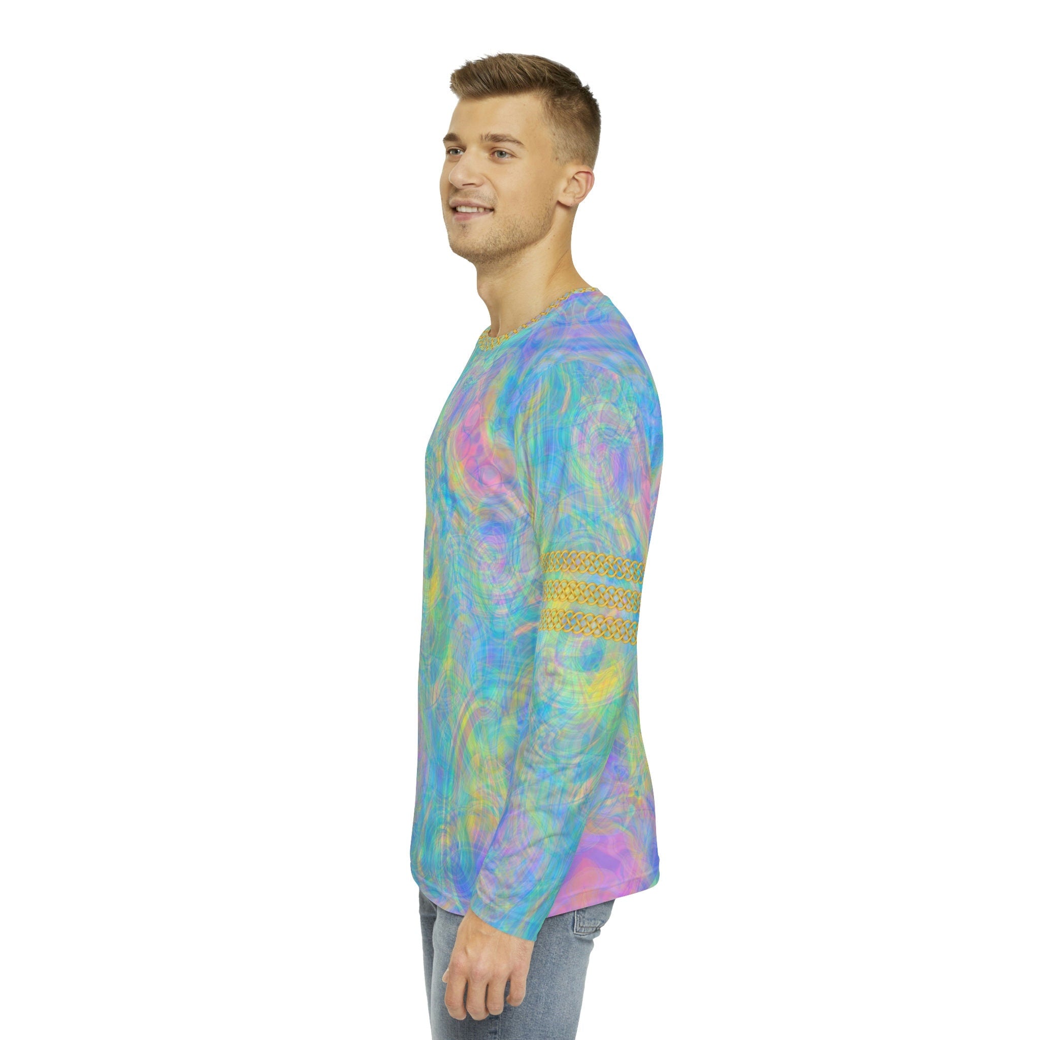 Fabled Fashion Men's Long Sleeve Psychedelic Tie-Dye Celtic chain effect AOP Shirt