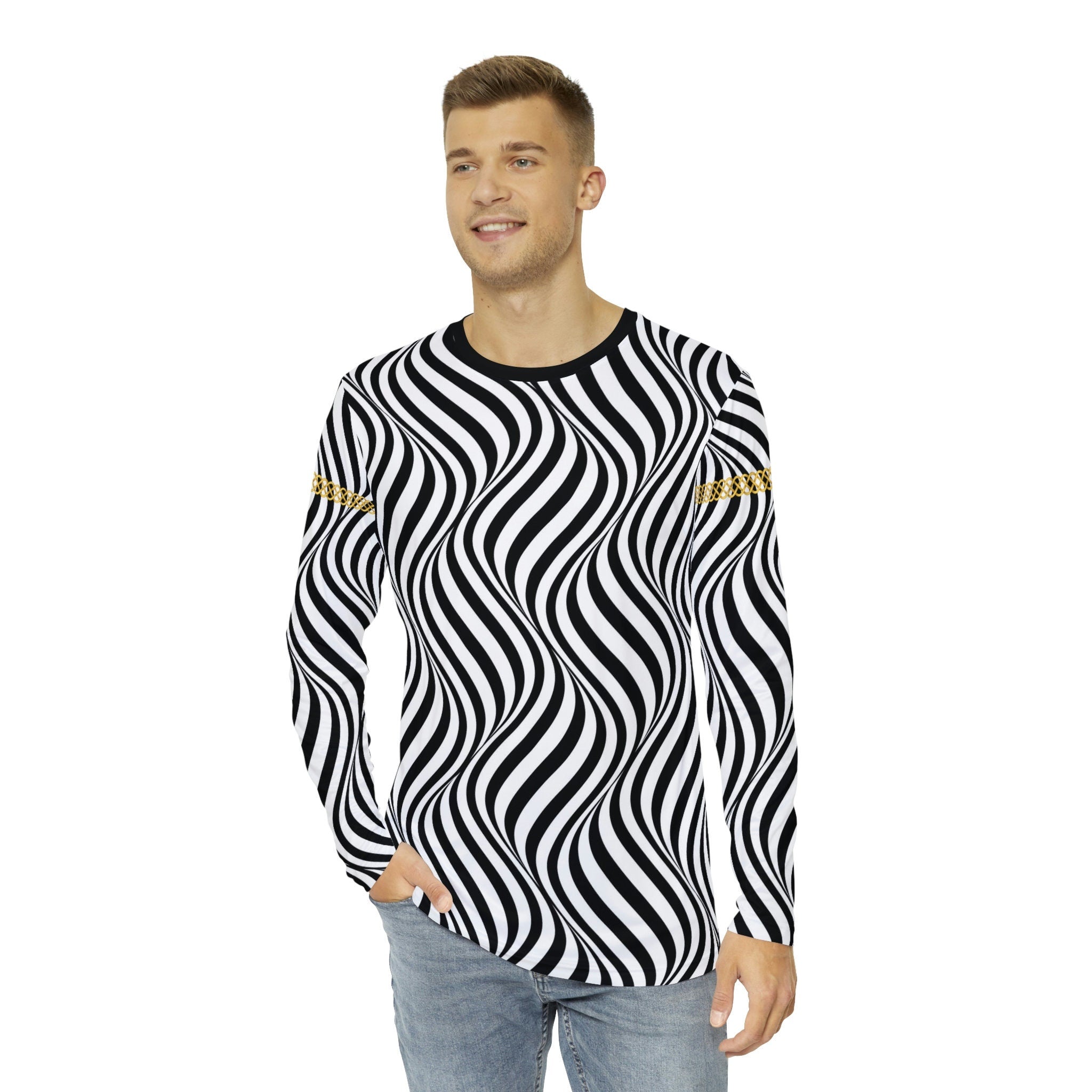 Fabled Fashion Men's Long Sleeve Back/White optical illusion Celtic chain effect AOP Shirt