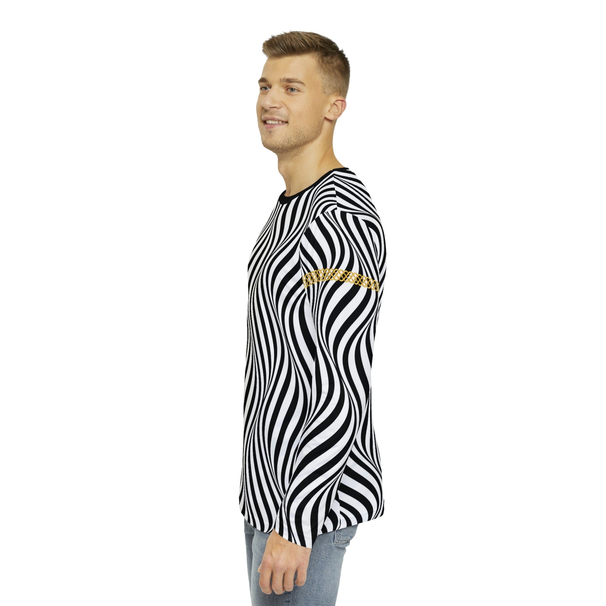 Fabled Fashion Men's Long Sleeve Back/White optical illusion Celtic chain effect AOP Shirt