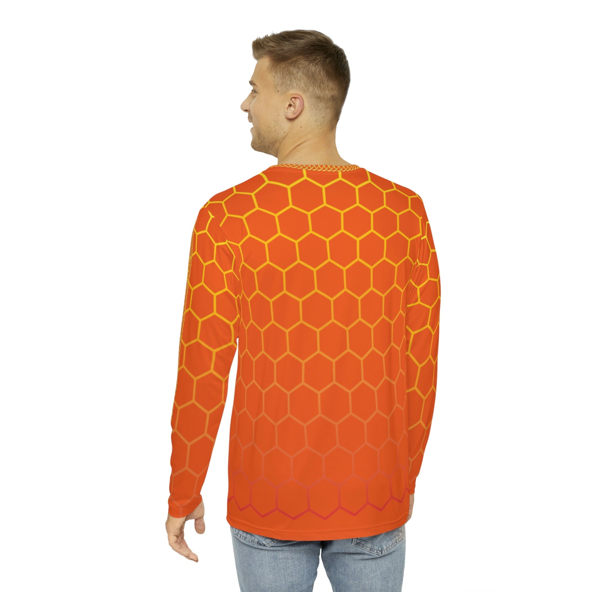 Fabled Fashion Men's Long Sleeve Orange Honeycomb with Celtic chain AOP Shirt