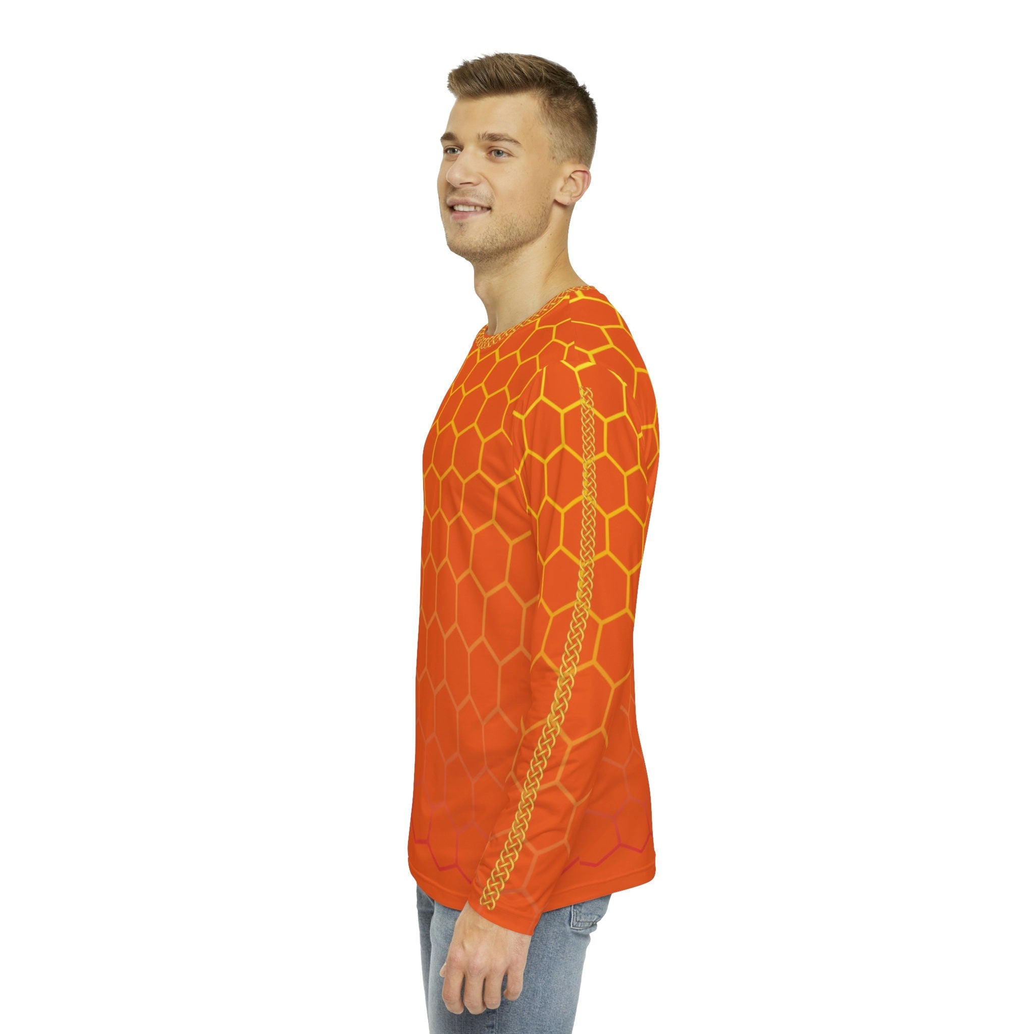 Fabled Fashion Men's Long Sleeve Orange Honeycomb with Celtic chain AOP Shirt