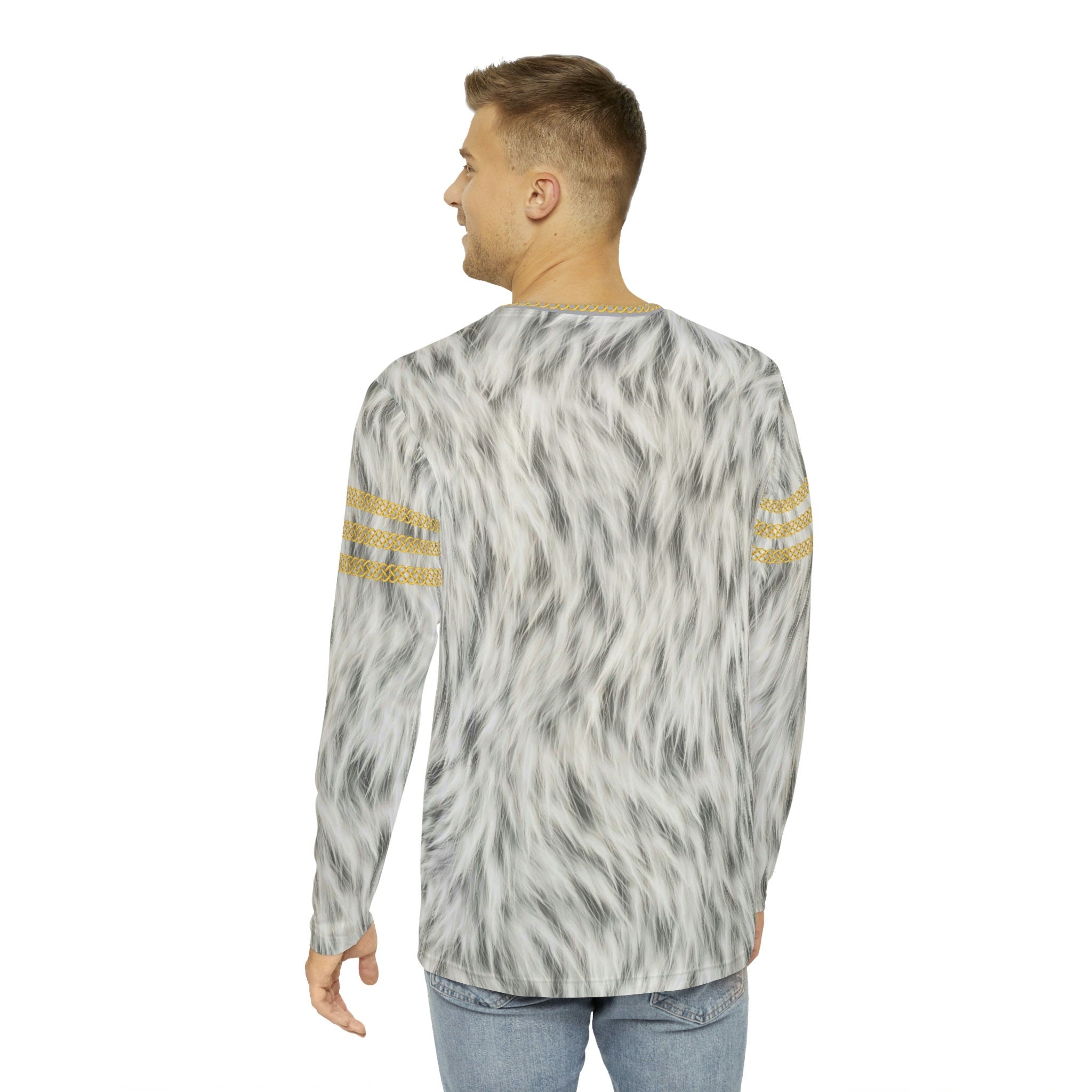 Fabled Fashion Men's Long Sleeve Snow Fur effect triple Celtic chain AOP Shirt
