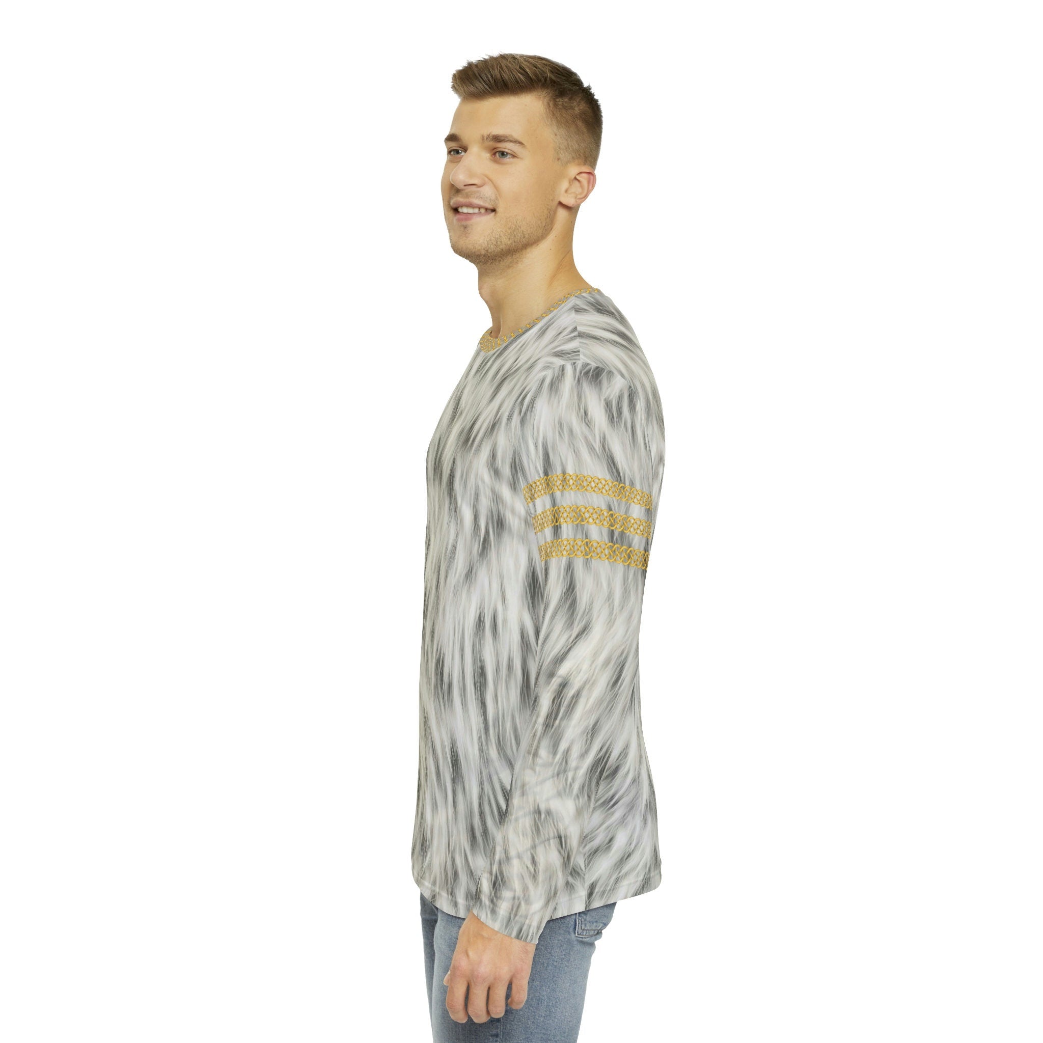 Fabled Fashion Men's Long Sleeve Snow Fur effect triple Celtic chain AOP Shirt