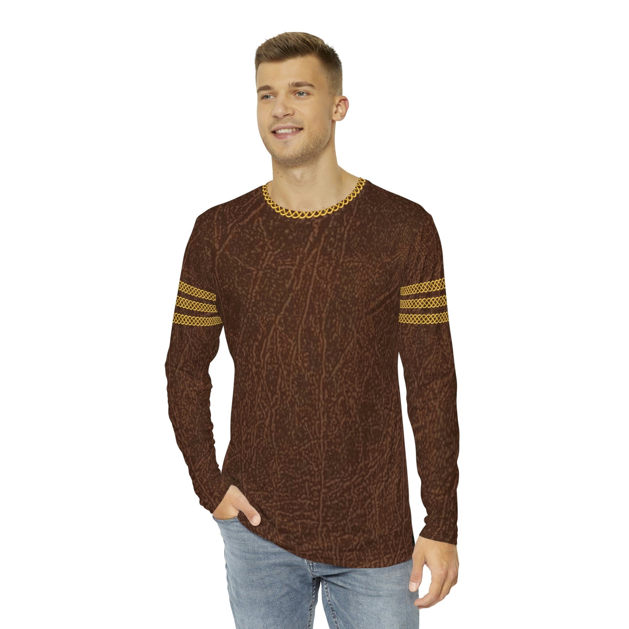 Fabled Fashion Men's Long Sleeve Triple Celtic chain Leather effect AOP Shirt