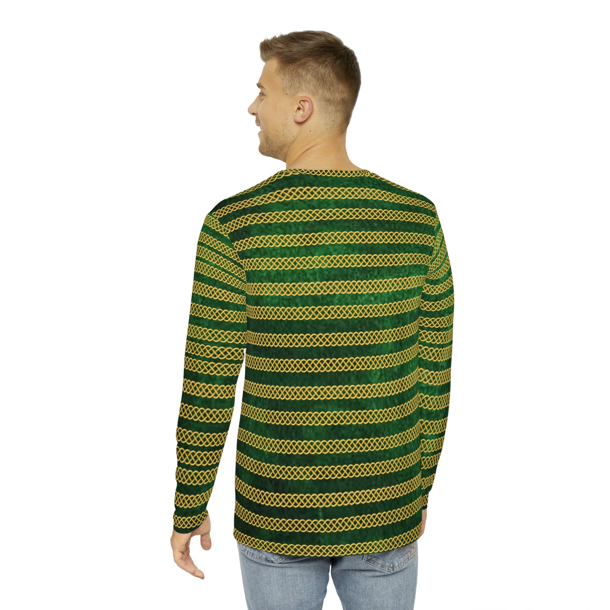 Fabled Fashion Men's Long Sleeve Green Velvet with Celtic chain jacket effect AOP Shirt