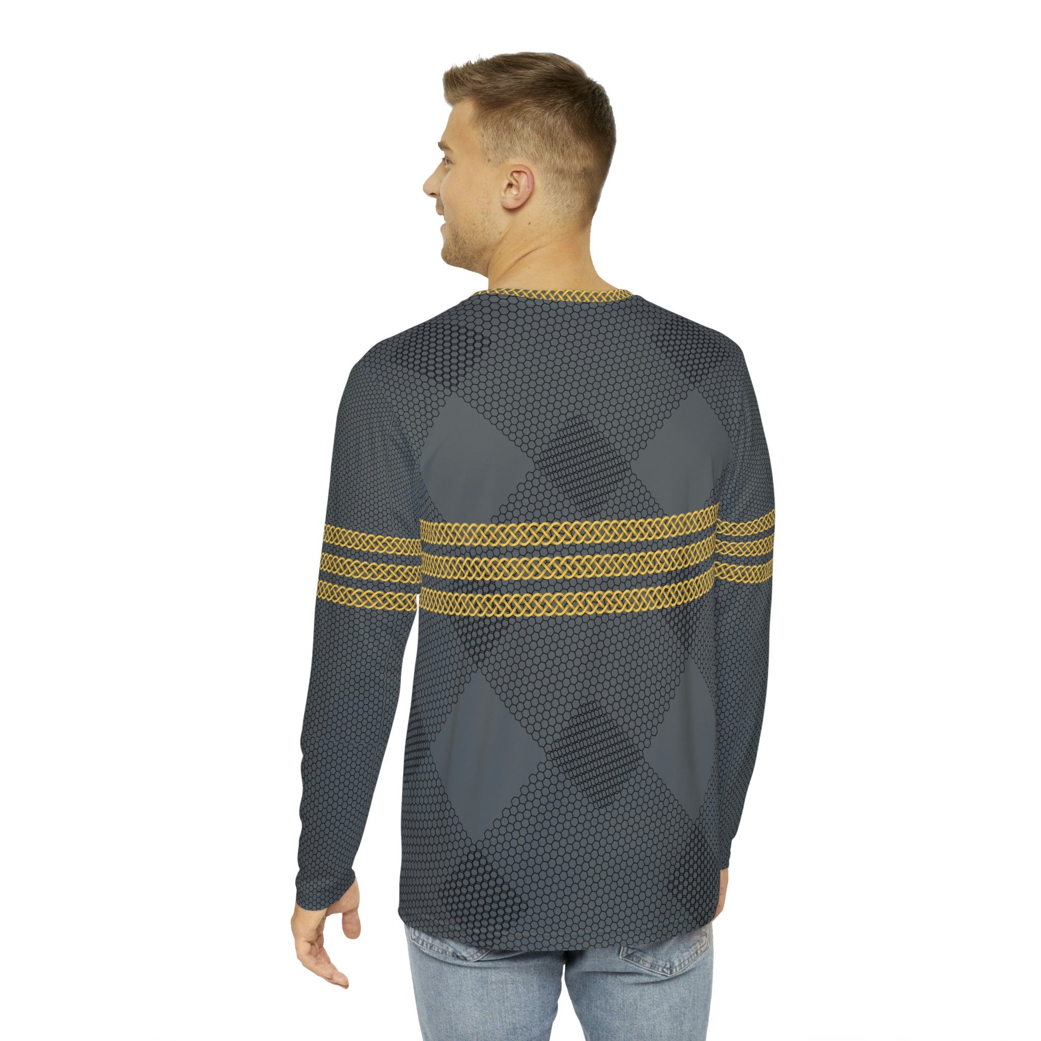 Fabled Fashion Men's Long Sleeve Triple Celtic chain effect AOP Shirt Grey Mesh pattern