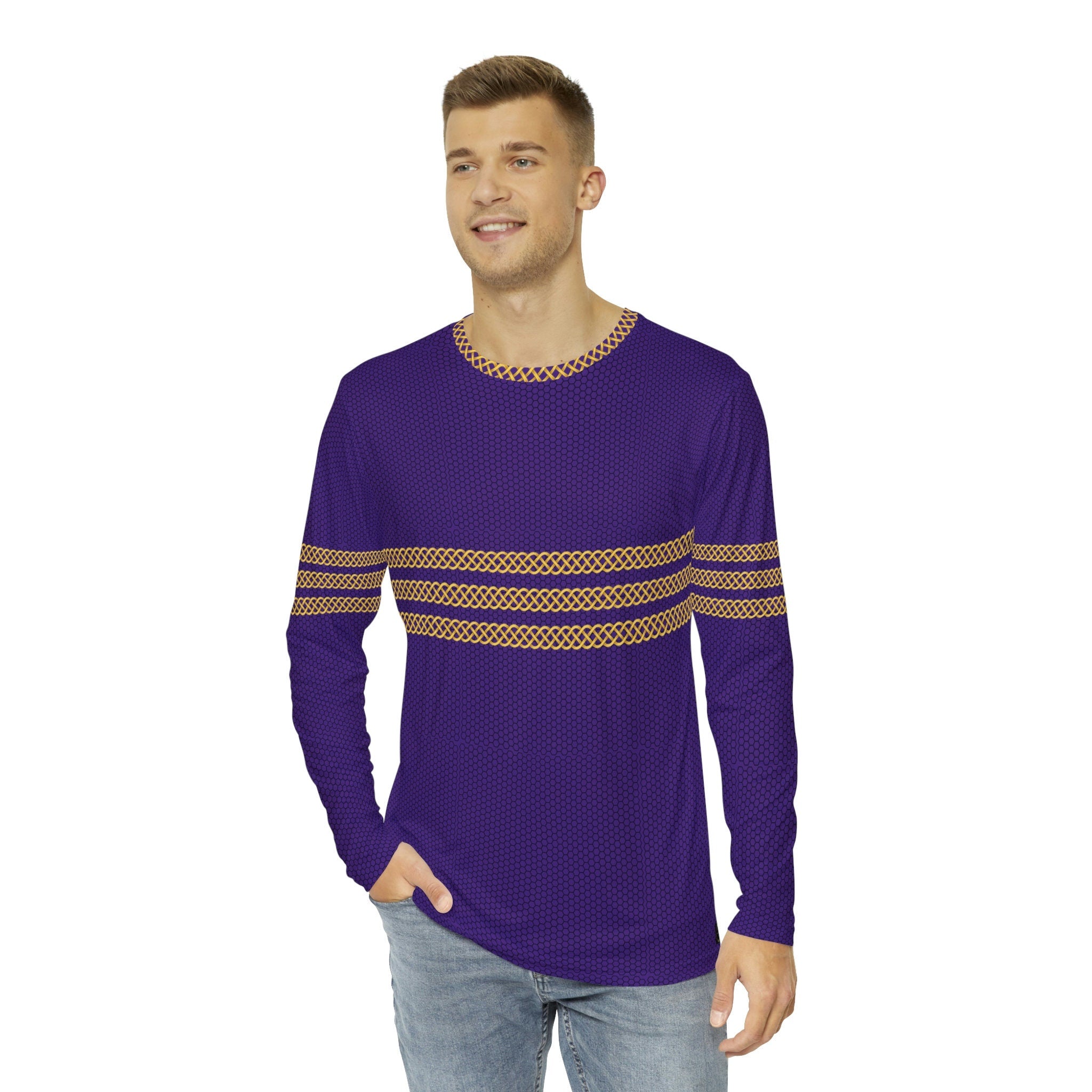 Fabled Fashion Men's Long Sleeve Triple Celtic chain effect AOP Shirt Purple