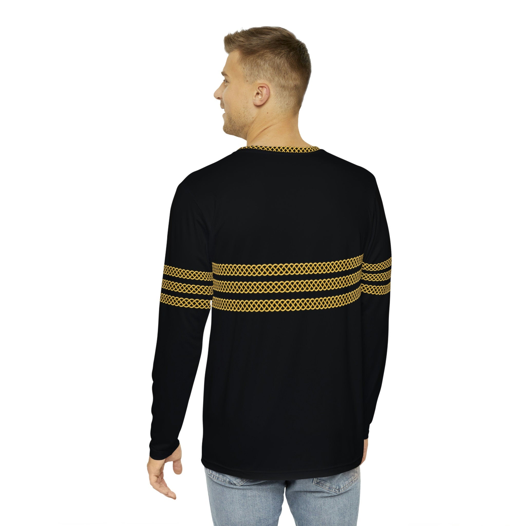 Fabled Fashion Men's Long Sleeve Triple Celtic chain effect AOP Shirt Black
