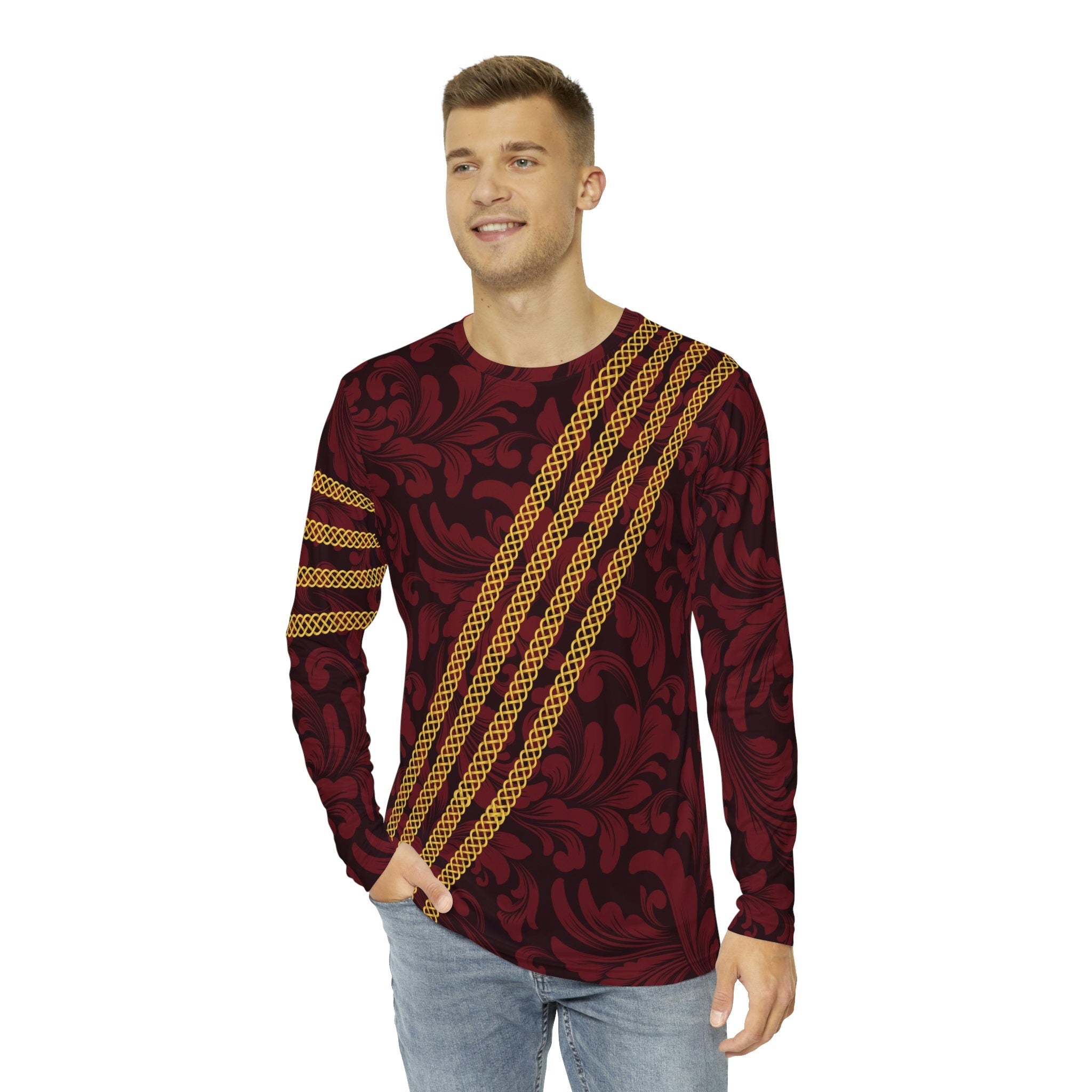 Fabled Fashion Men's Long Sleeve Red Damask and Celtic knot chain effect AOP Shirt