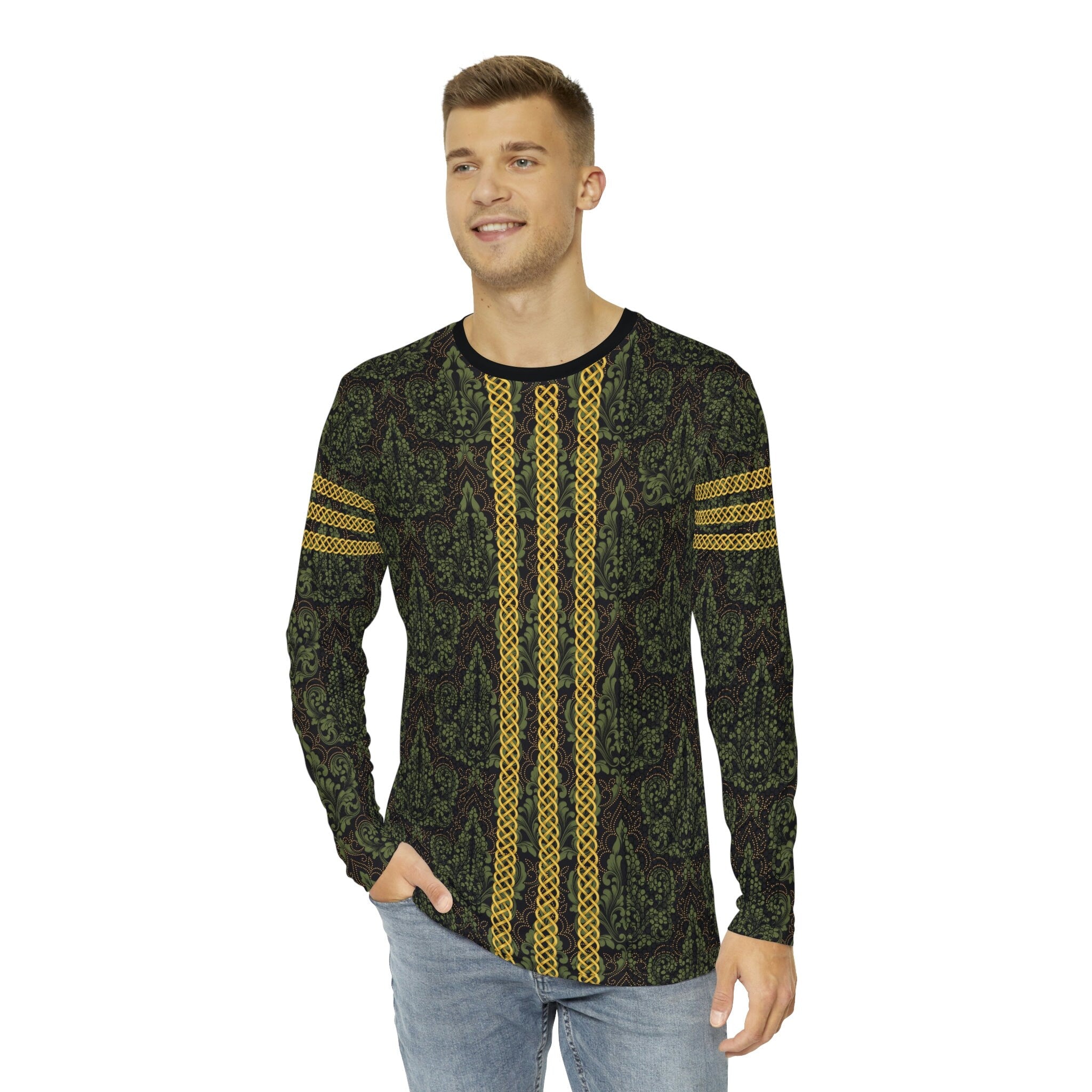 Fabled Fashion Men's Long Sleeve Green Damask and Black lace effect with Celtic knot chain AOP Shirt