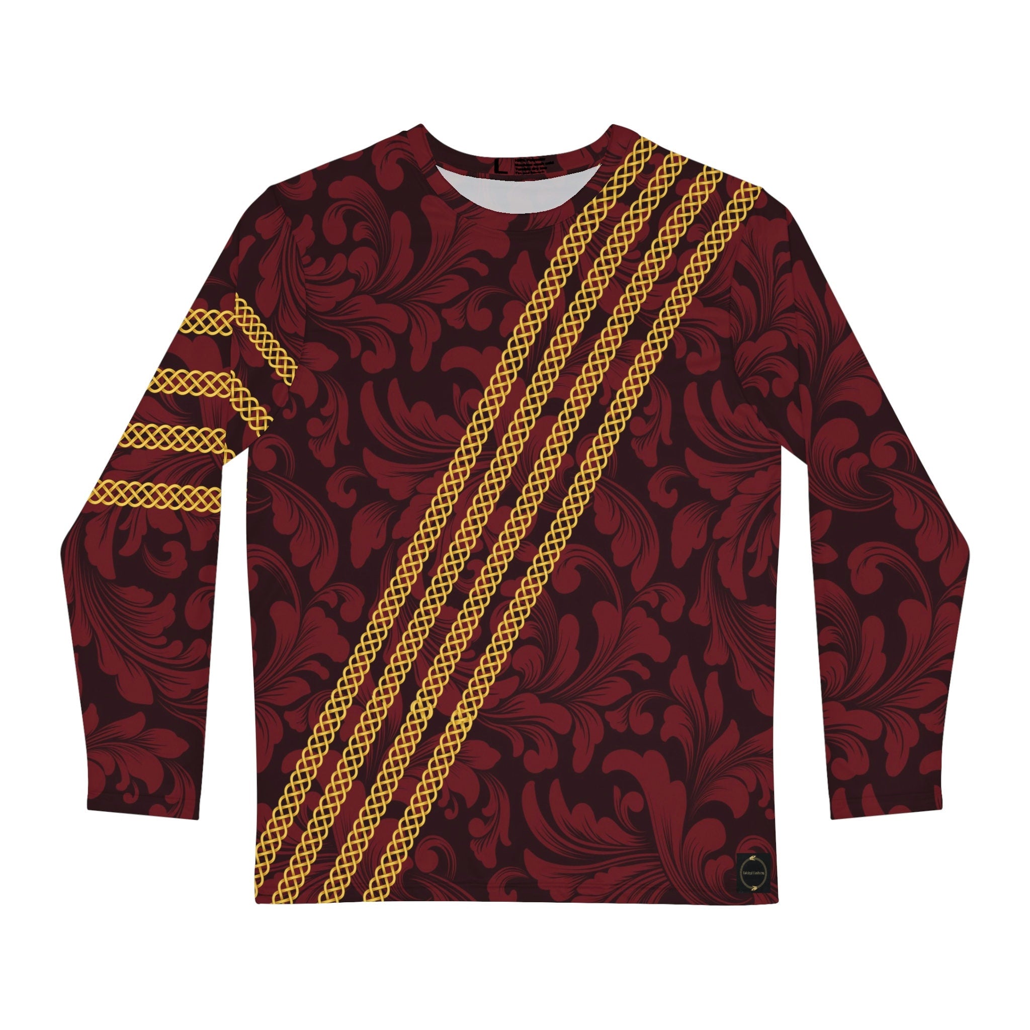 Fabled Fashion Men's Long Sleeve Red Damask and Celtic knot chain effect AOP Shirt