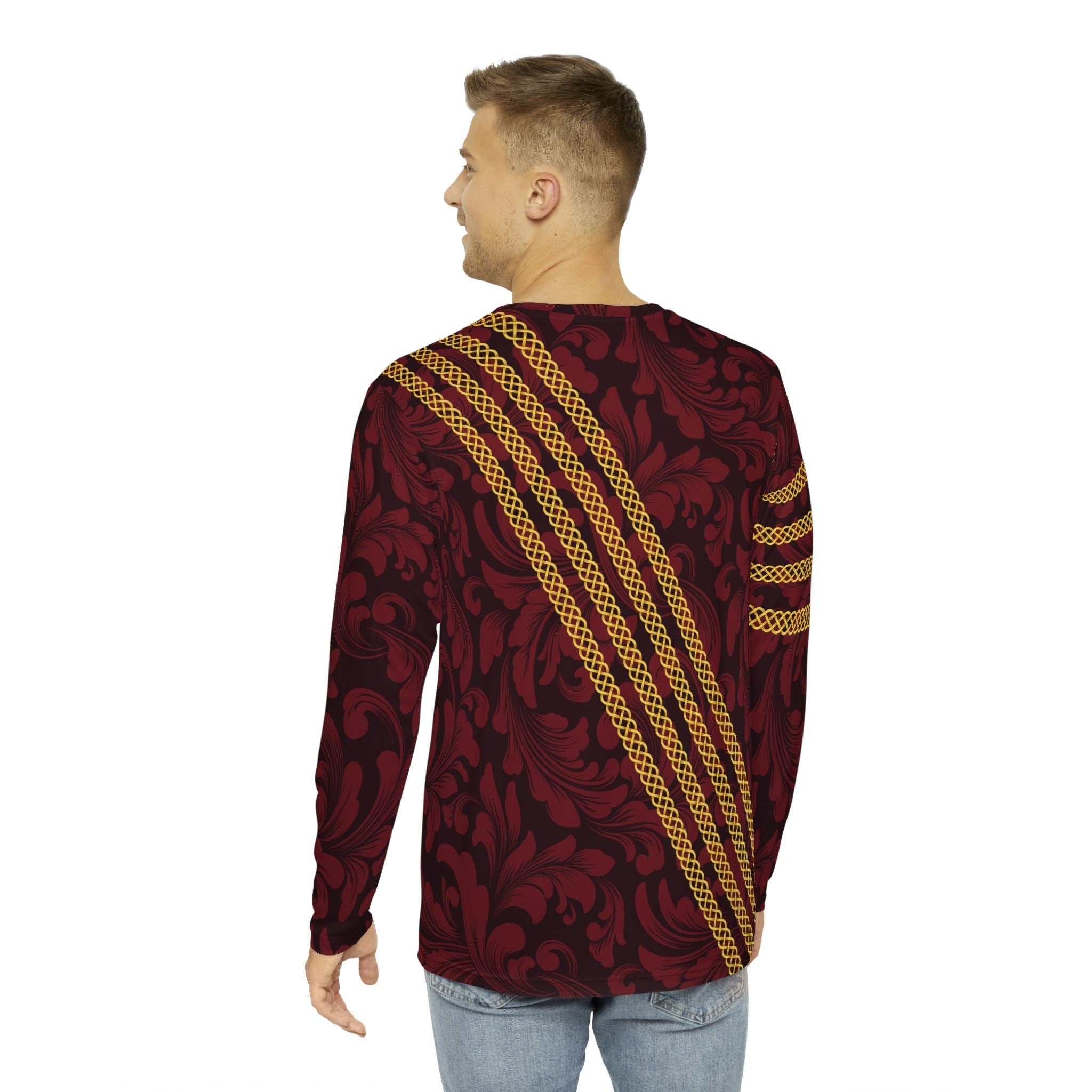 Fabled Fashion Men's Long Sleeve Red Damask and Celtic knot chain effect AOP Shirt