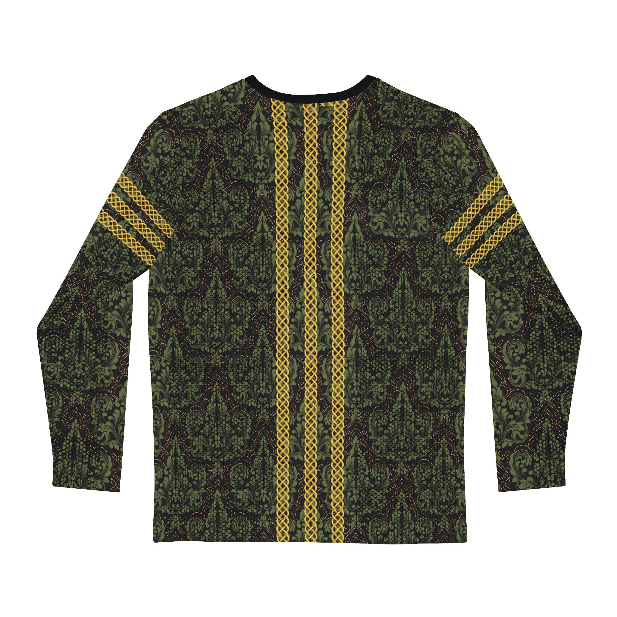 Fabled Fashion Men's Long Sleeve Green Damask and Black lace effect with Celtic knot chain AOP Shirt