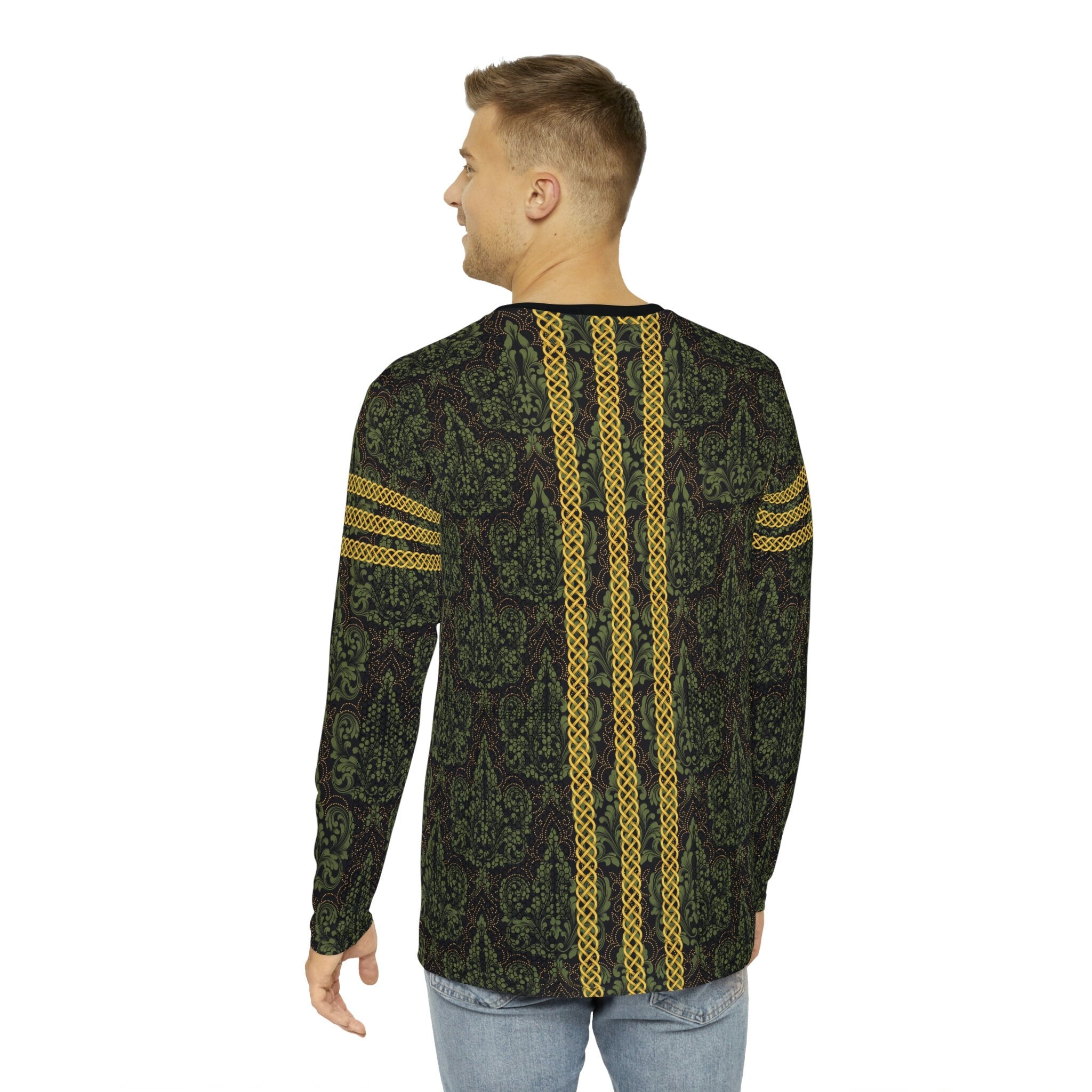 Fabled Fashion Men's Long Sleeve Green Damask and Black lace effect with Celtic knot chain AOP Shirt