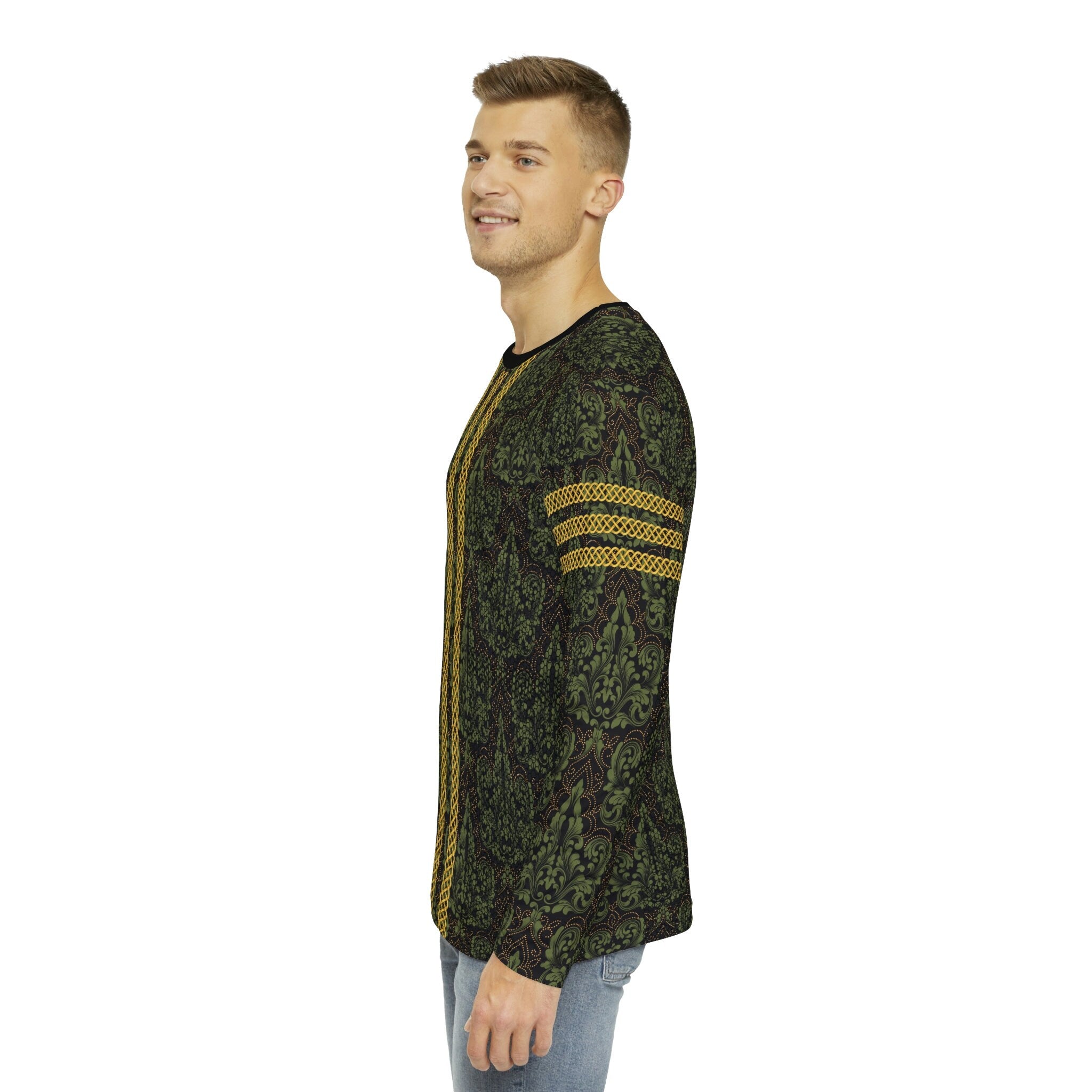 Fabled Fashion Men's Long Sleeve Green Damask and Black lace effect with Celtic knot chain AOP Shirt