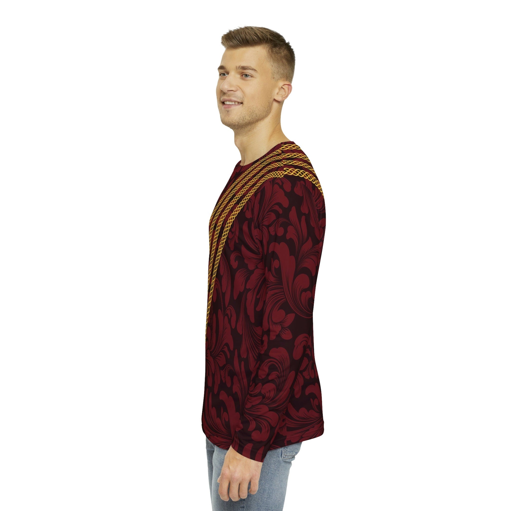Fabled Fashion Men's Long Sleeve Red Damask and Celtic knot chain effect AOP Shirt