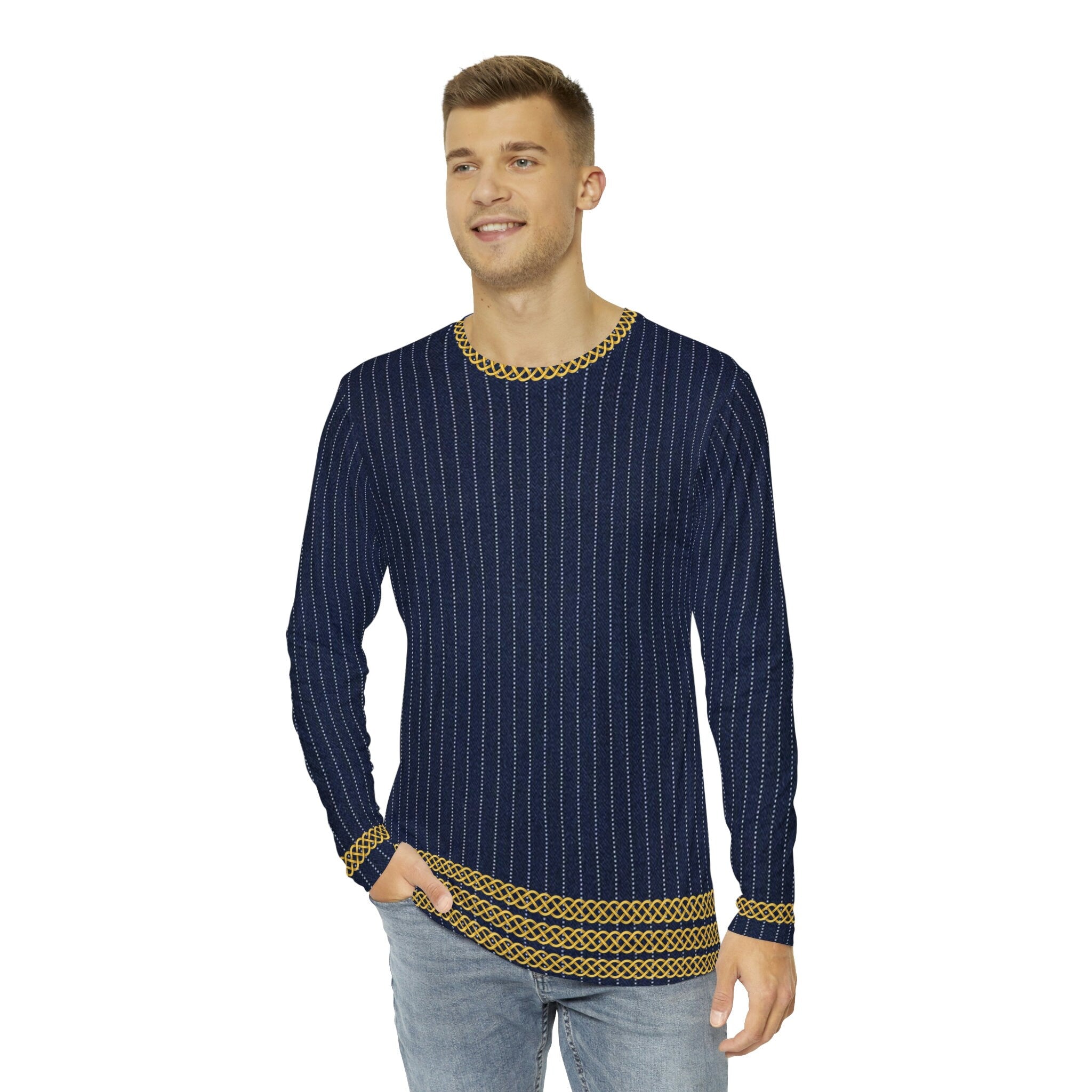 Fabled Fashion Men's Long Sleeve Navy Pinstripe Triple Celtic chain effect AOP Shirt Purple