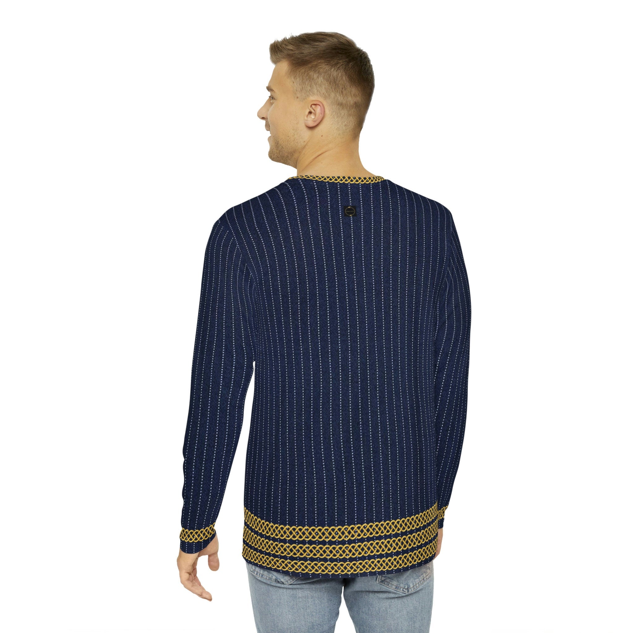 Fabled Fashion Men's Long Sleeve Navy Pinstripe Triple Celtic chain effect AOP Shirt Purple