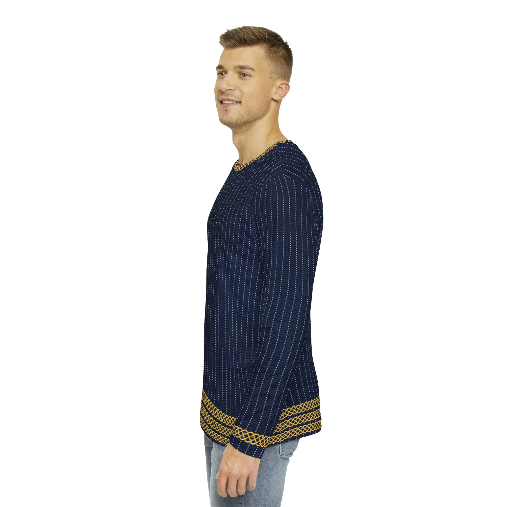 Fabled Fashion Men's Long Sleeve Navy Pinstripe Triple Celtic chain effect AOP Shirt Purple