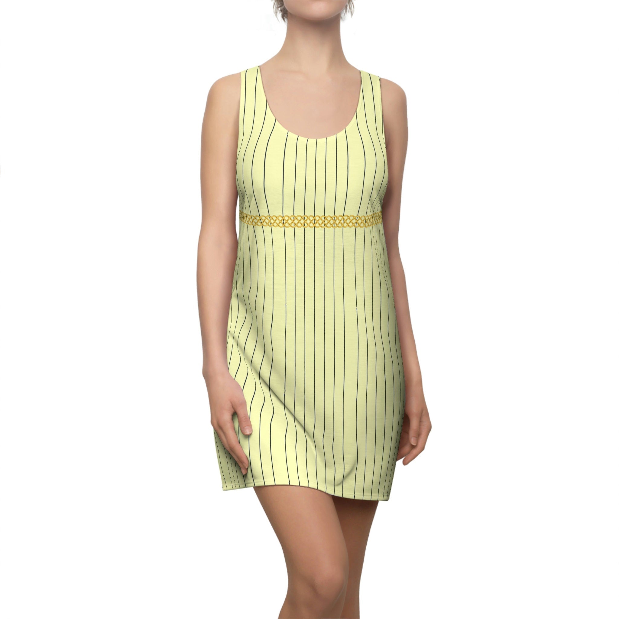 Fabled Fashion Cream/Navy Pinstripe with Celtic Knot effect Women's Cut & Sew Racerback Dress (AOP) inspired by Vivian in Pretty Woman