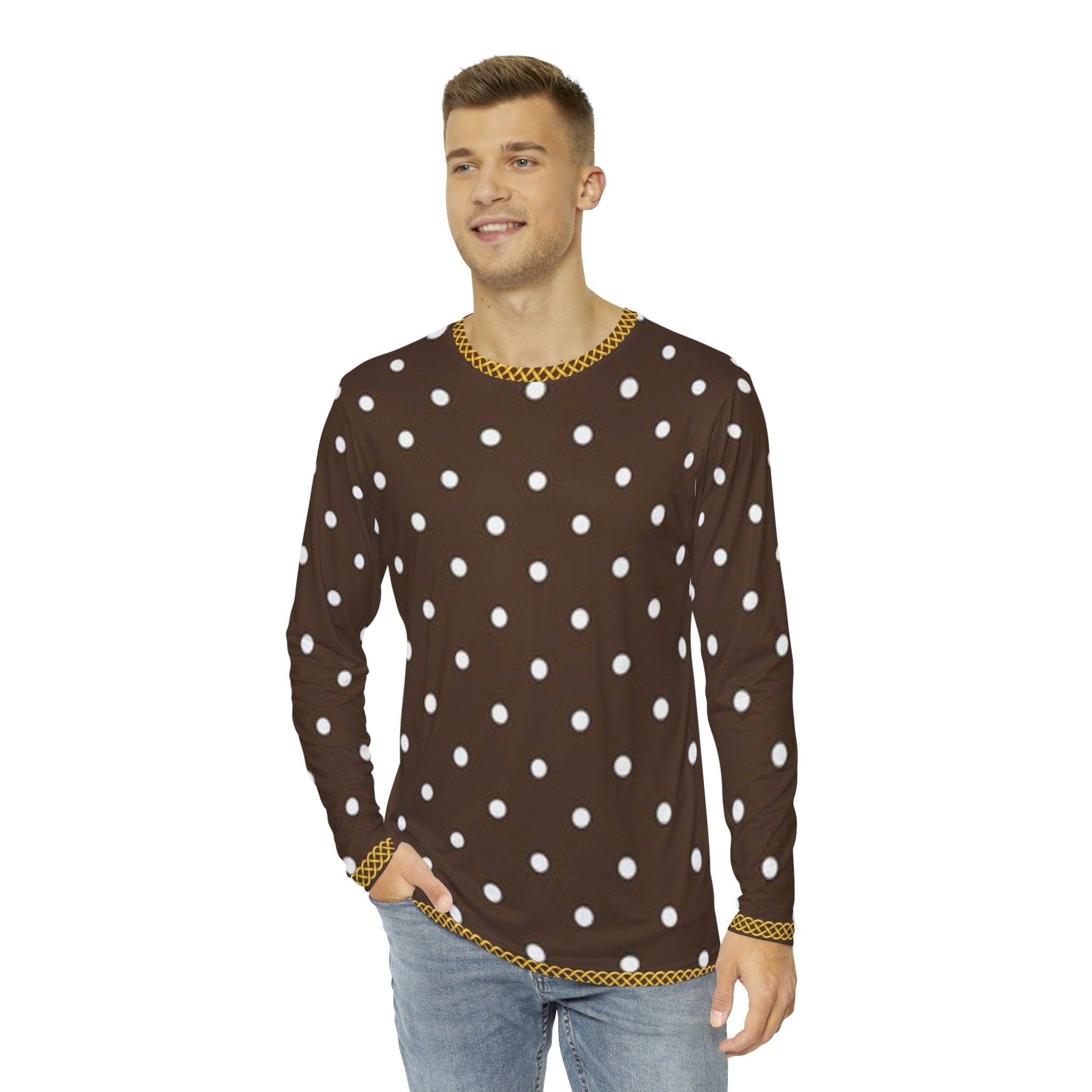 Fabled Fashion Men's Long Sleeve Chocolate Polka Dot Triple Celtic chain effect AOP shirt.