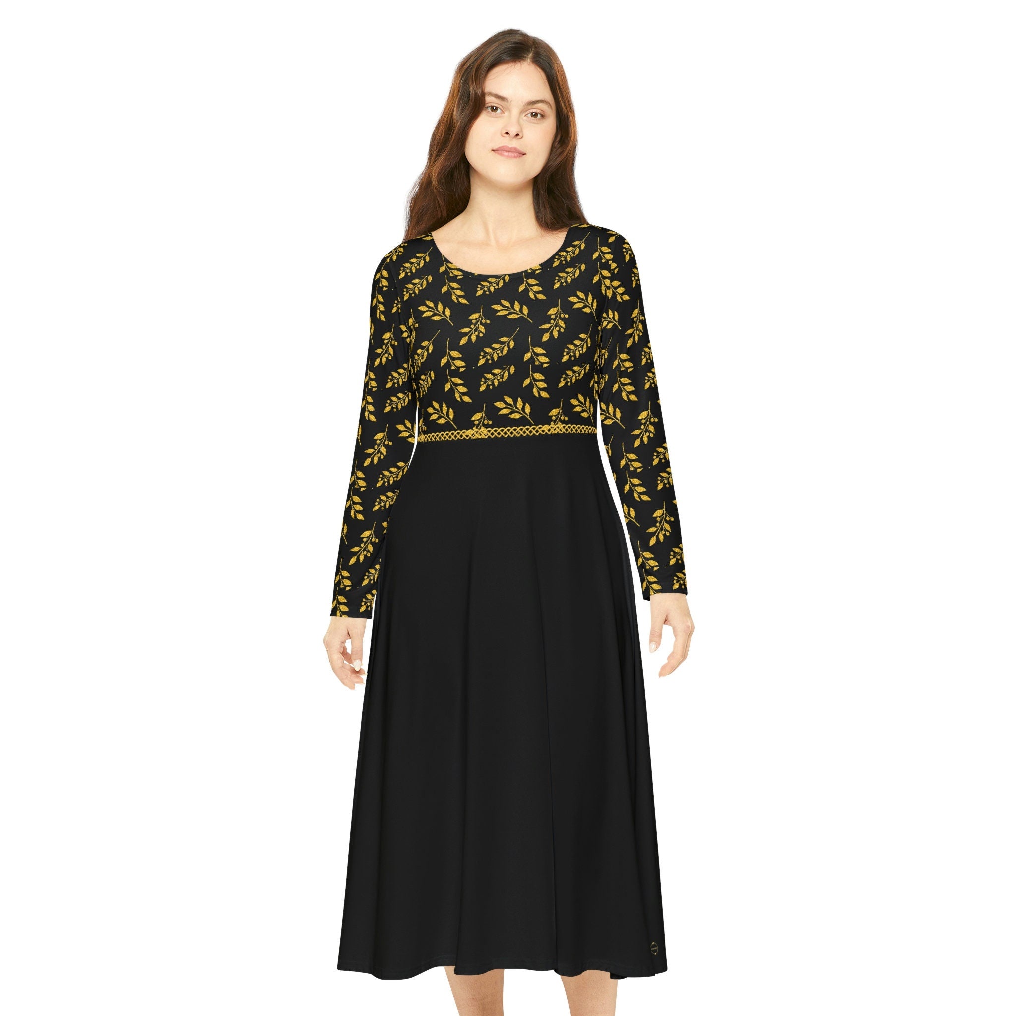 Fabled Fashion Black and Gold leaves Celtic knot Women's Long Sleeve Dance Dress (AOP)