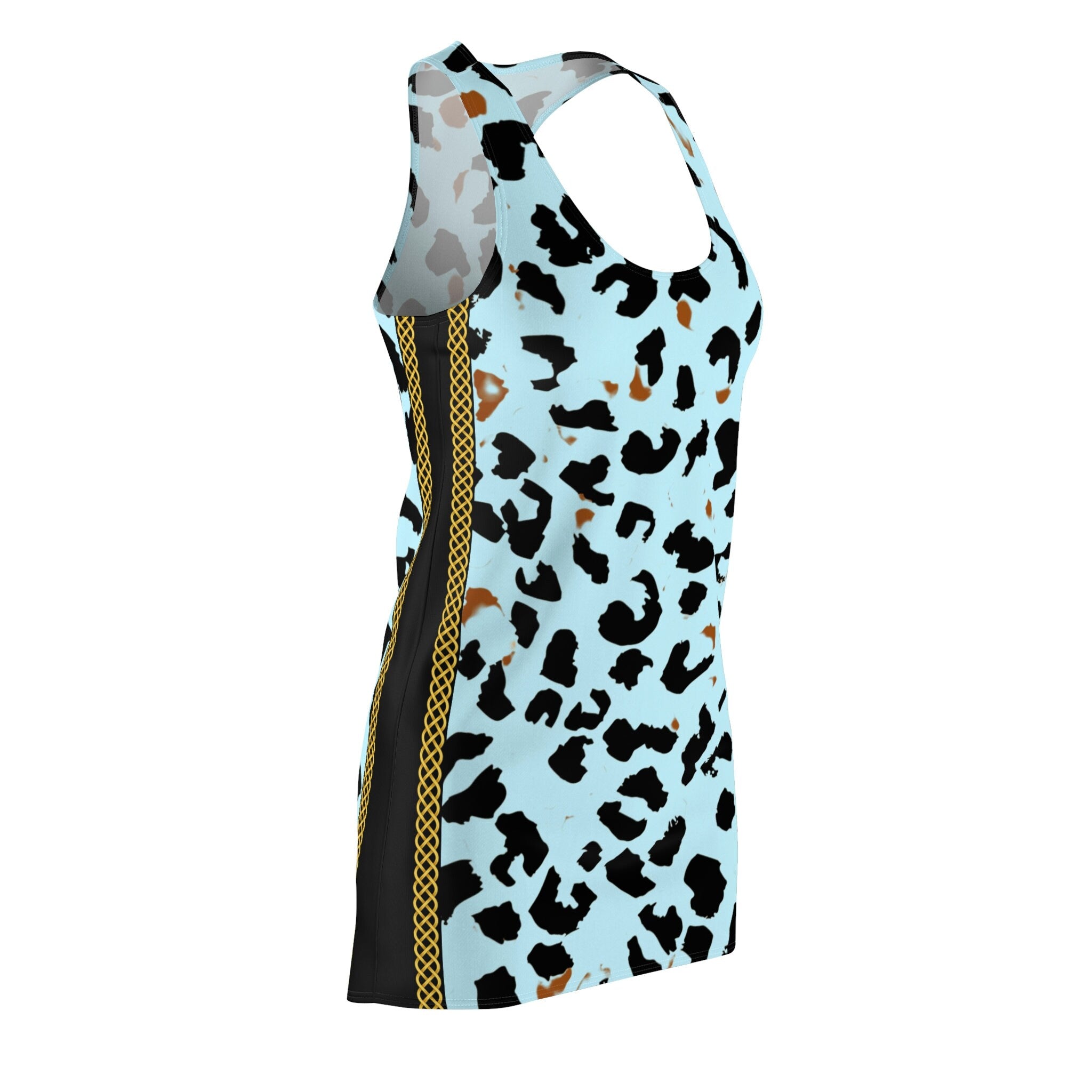 Fabled Fashion Light Blue Leopard print with vertical Celtic Knot effect Women's Cut & Sew Racerback Dress (AOP)