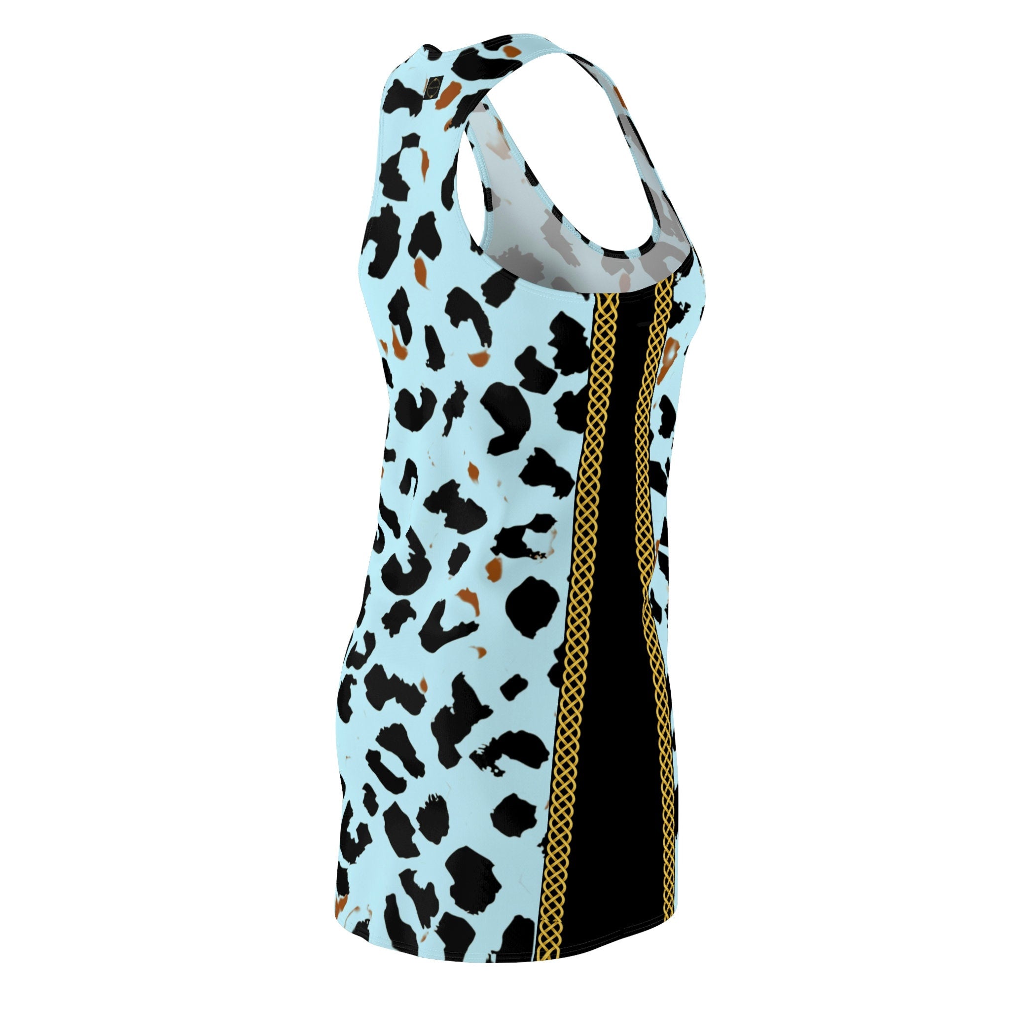 Fabled Fashion Light Blue Leopard print with vertical Celtic Knot effect Women's Cut & Sew Racerback Dress (AOP)