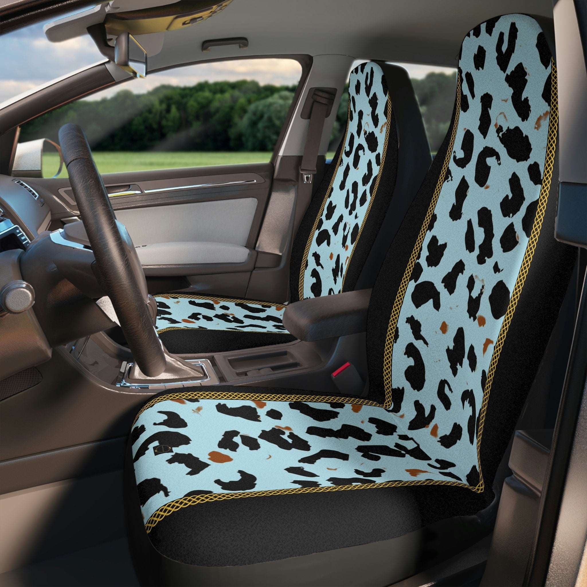 Fabled Fashion Light Blue Leopard Print with Celtic knot design Car Seat Covers