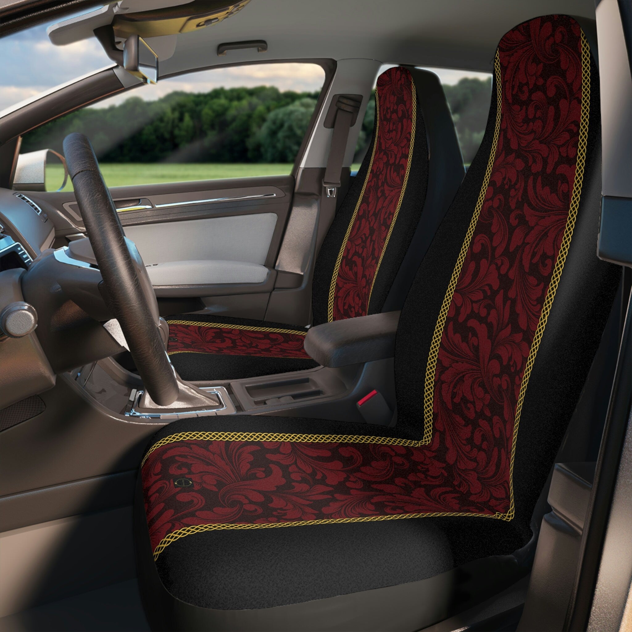 Fabled Fashion Red Damask Print with Celtic knot design Car Seat Covers