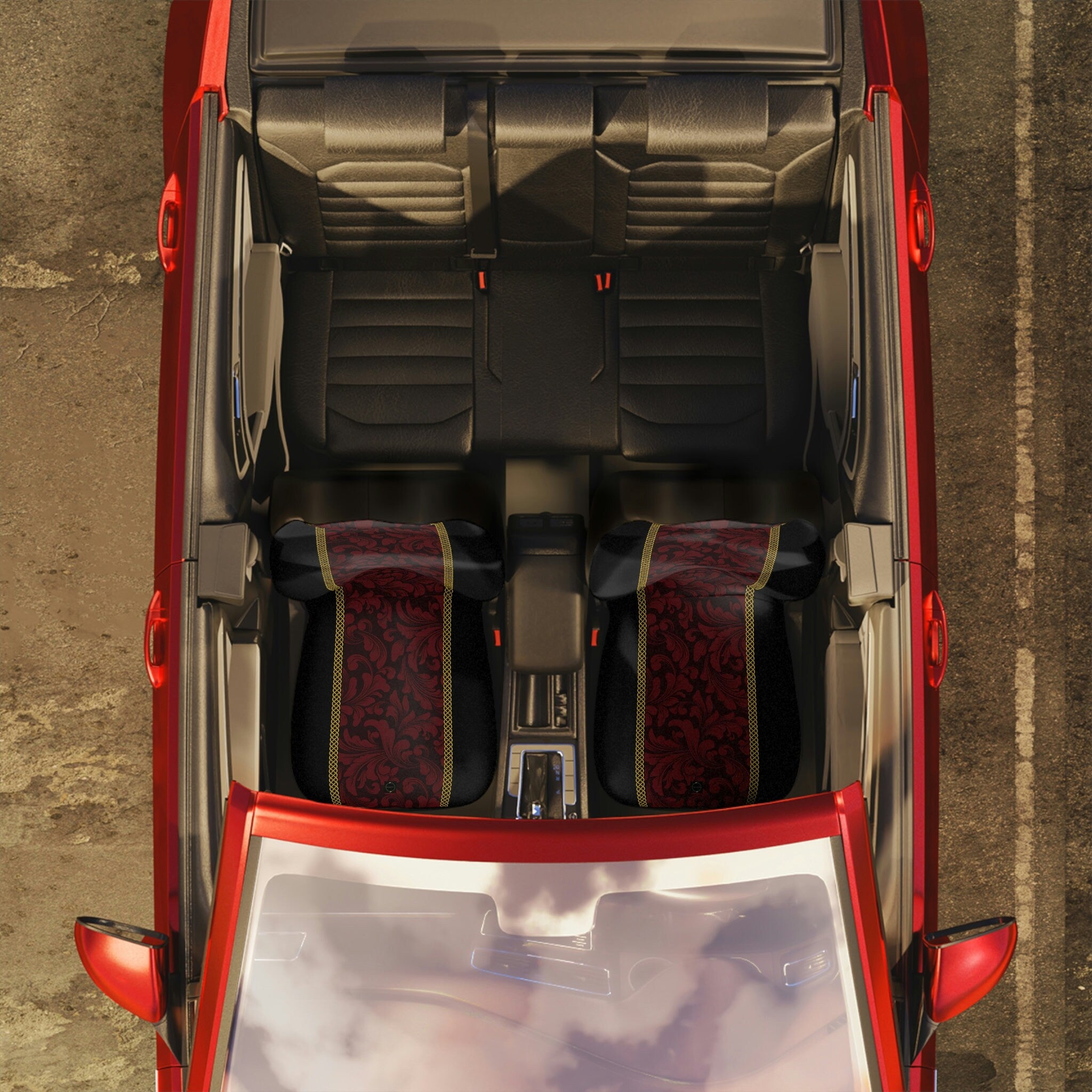 Fabled Fashion Red Damask Print with Celtic knot design Car Seat Covers