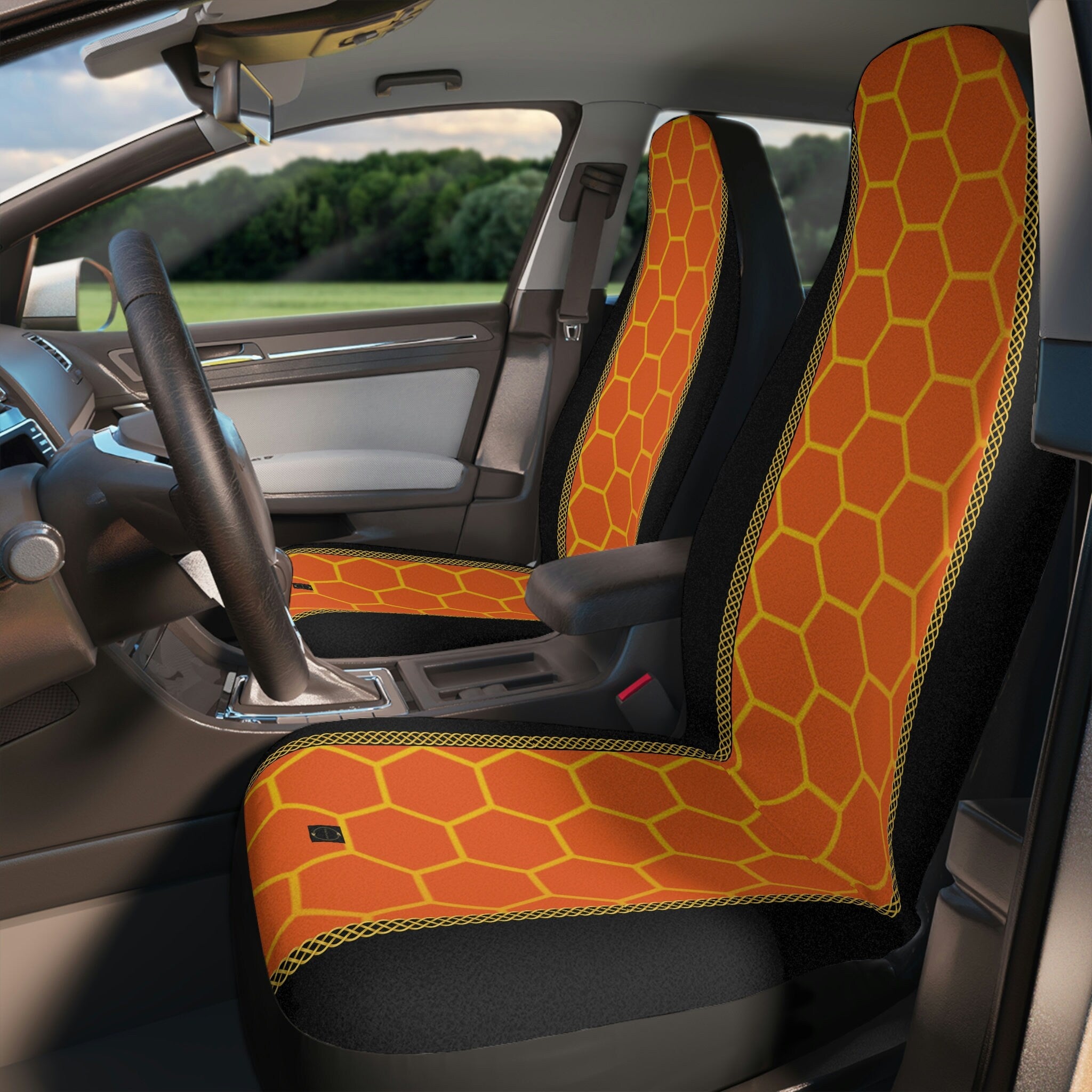 Fabled Fashion Orange honeycomb print Celtic knot design Car Seat Covers