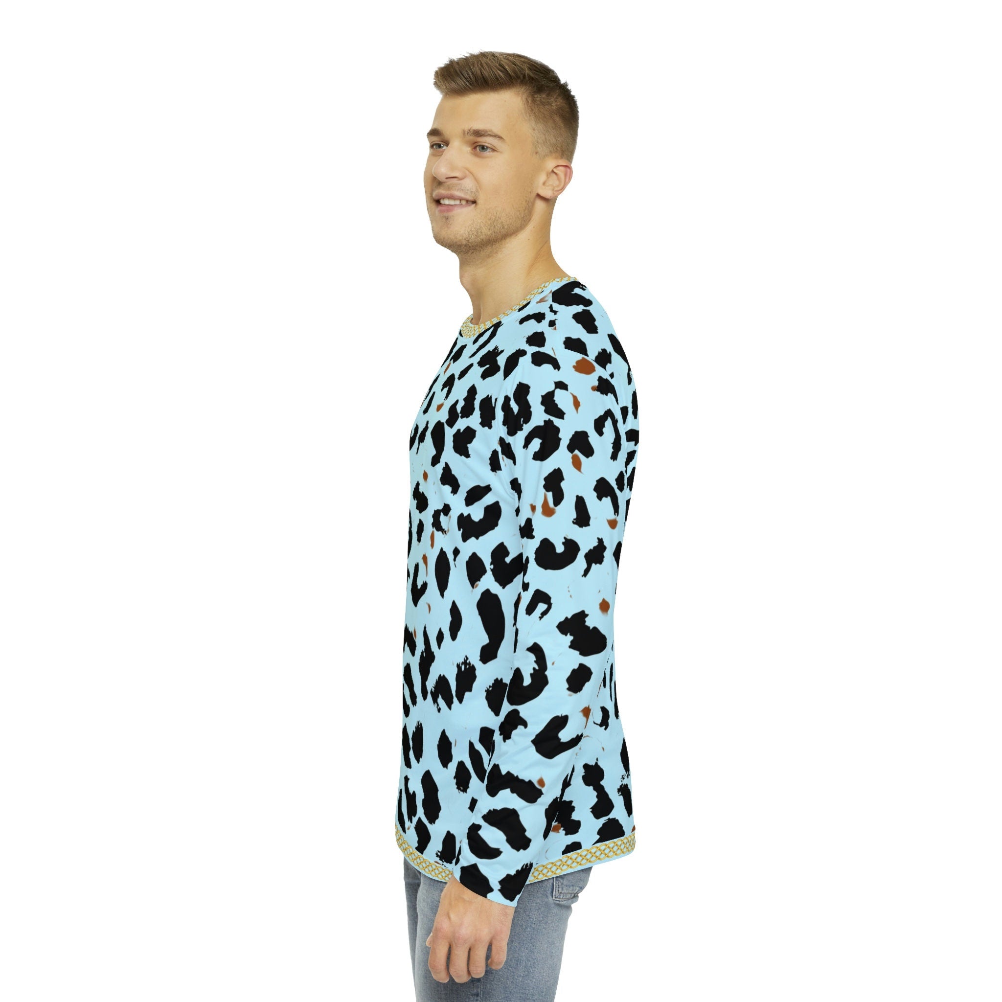 Fabled Fashion Men's Long Sleeve Light blue Leopard print with celtic chain effect AOP Shirt
