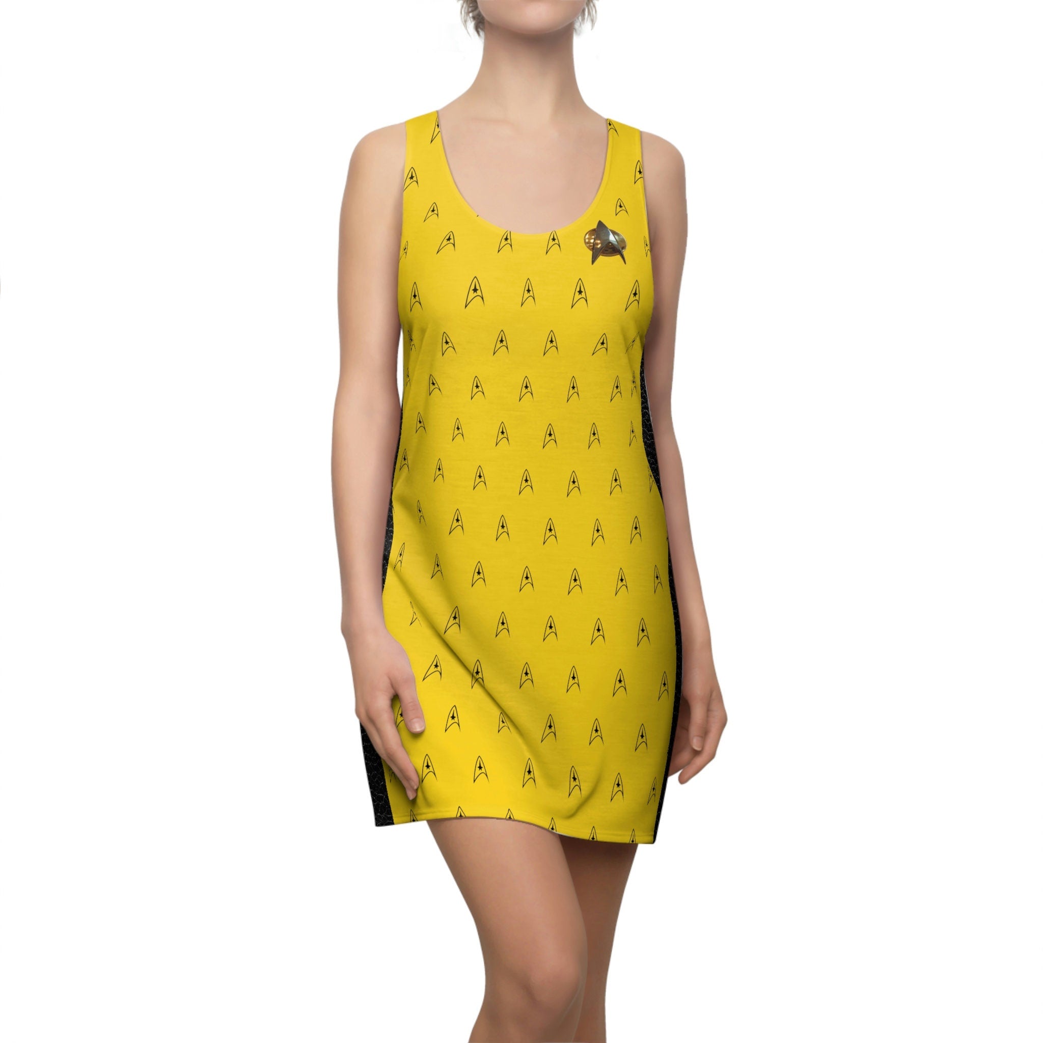 Fabled Fashion Gold Mustard Trekkie Women's Cut & Sew Racerback Dress (AOP)