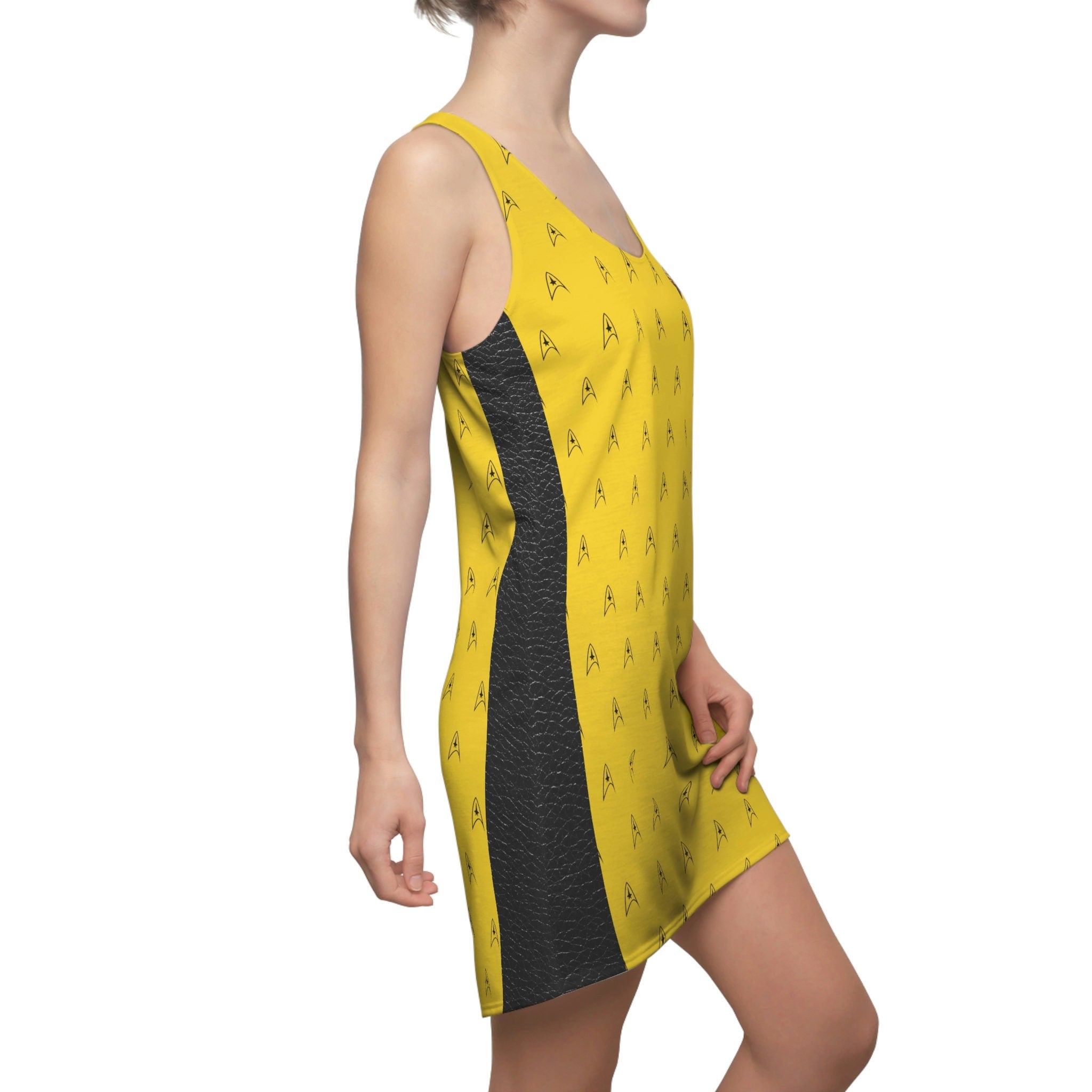 Fabled Fashion Gold Mustard Trekkie Women's Cut & Sew Racerback Dress (AOP)