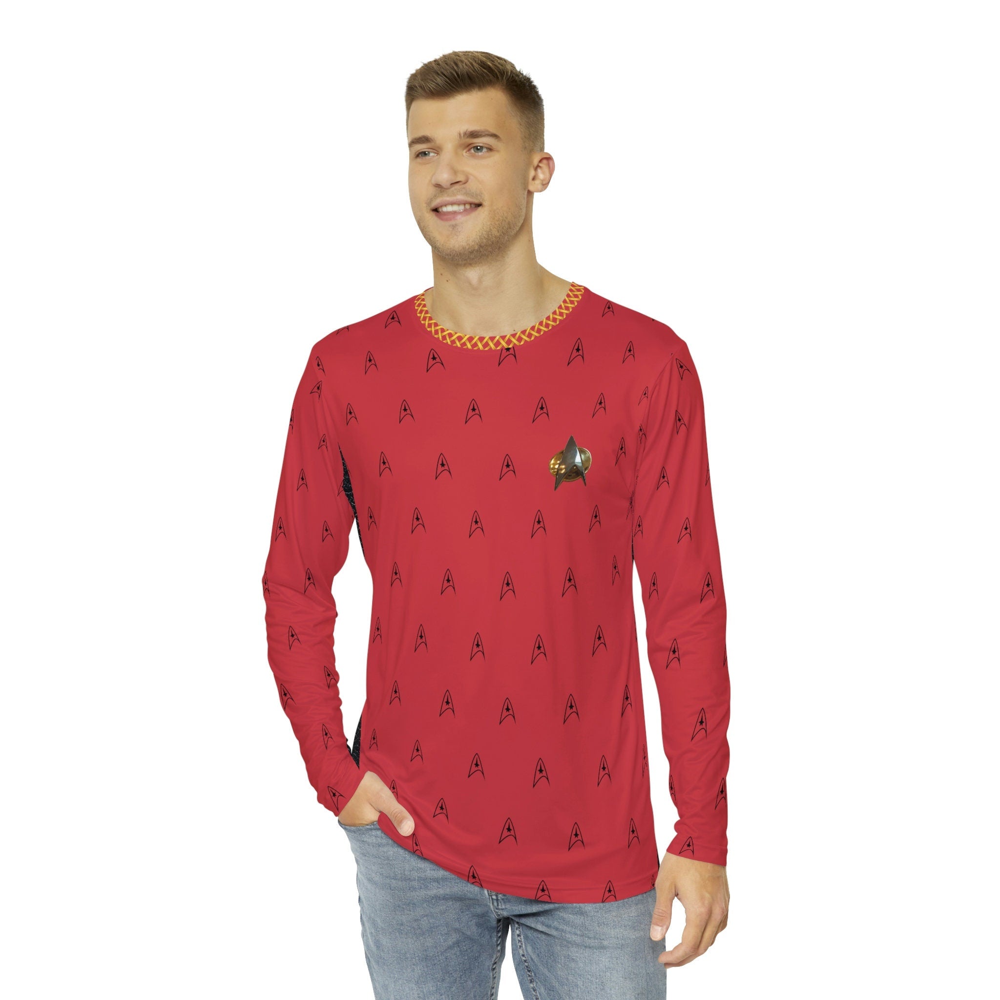 Fabled Fashion Men's Long Sleeve Red Trekkie leather accent AOP Shirt • Custom T shirt for men • Graphic tees men shirt • valentines gift