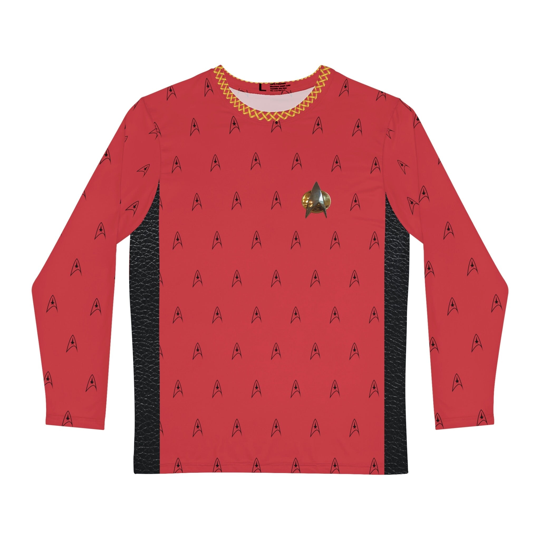 Fabled Fashion Men's Long Sleeve Red Trekkie leather accent AOP Shirt • Custom T shirt for men • Graphic tees men shirt • valentines gift