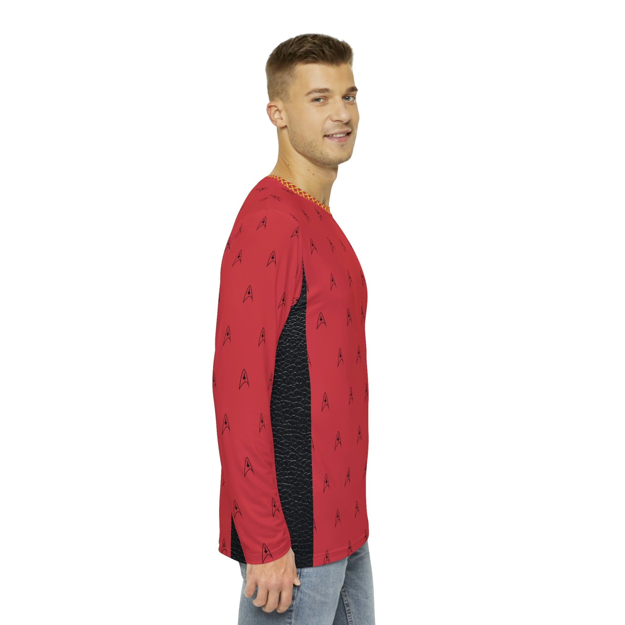 Fabled Fashion Men's Long Sleeve Red Trekkie leather accent AOP Shirt • Custom T shirt for men • Graphic tees men shirt • valentines gift