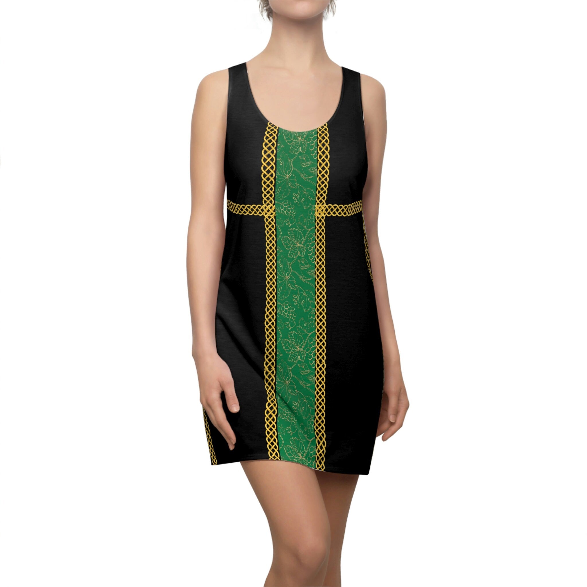Fabled Fashion Green grape band with Celtic knot effect Black Women's Cut & Sew Racerback Dress (AOP)